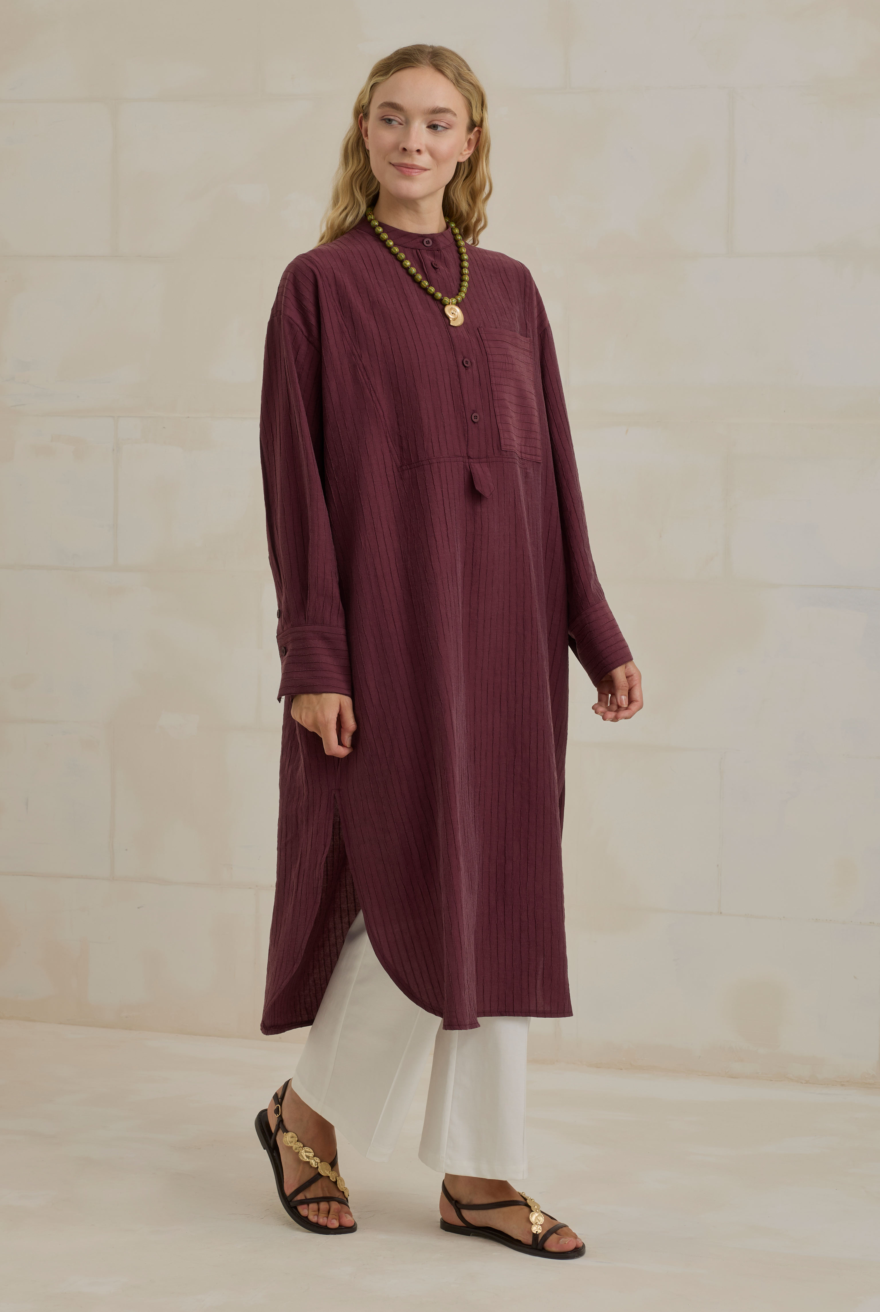 Striped Textured Tunic Bordeaux - 1