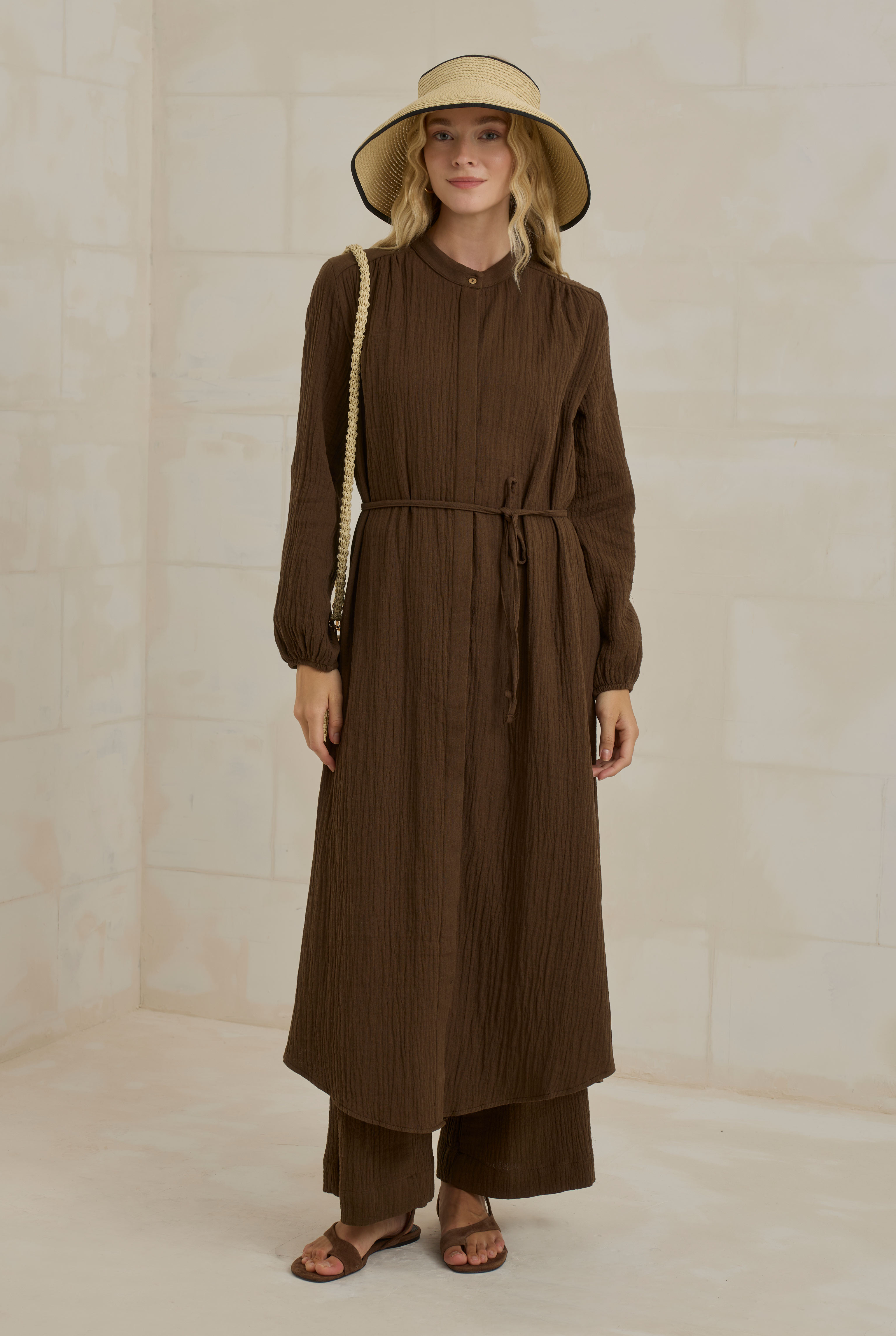 Long Muslin Shirt Dark Brown - HE-QA