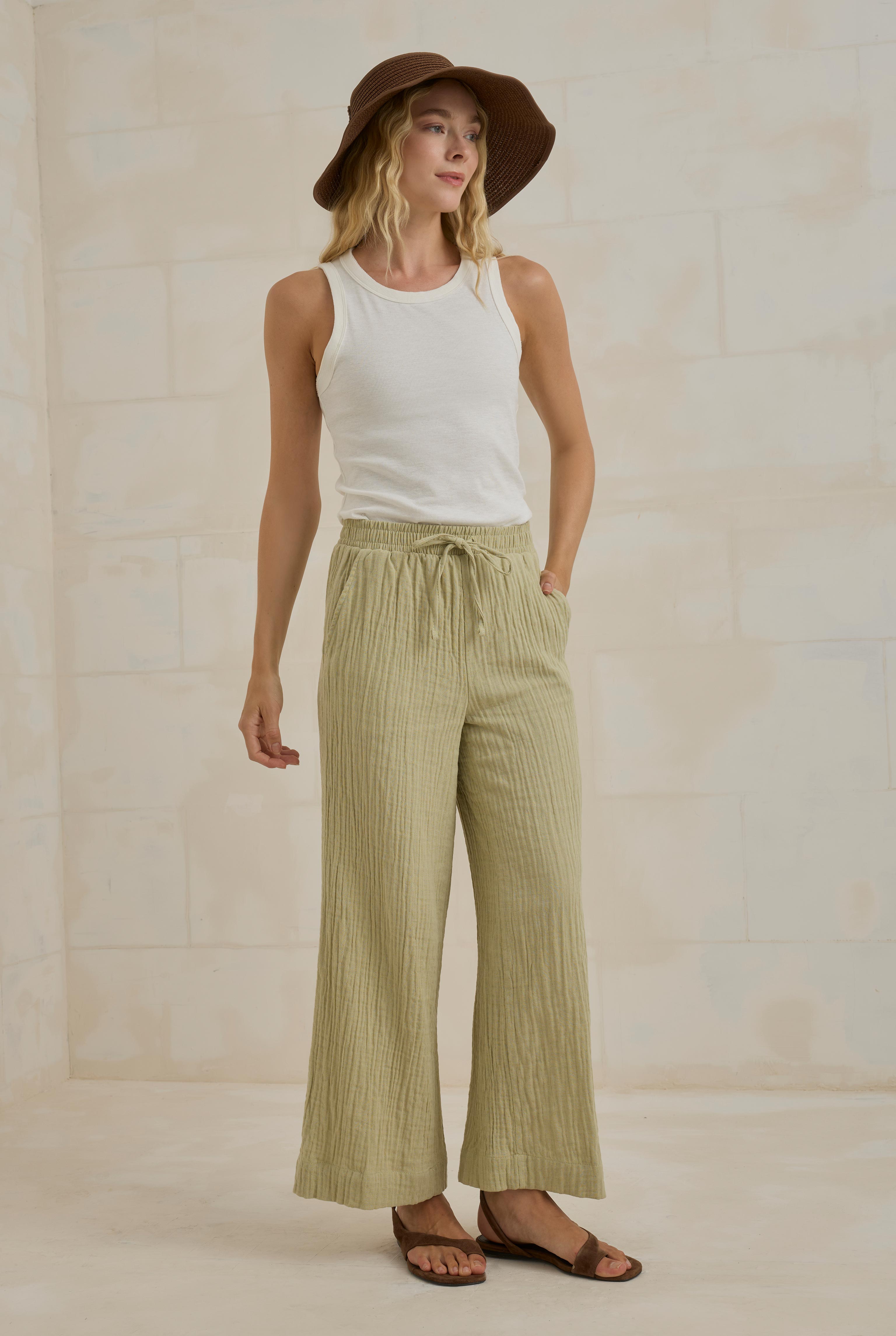Müslin Bol Paça Pantolon Açık Adaçayı - 1