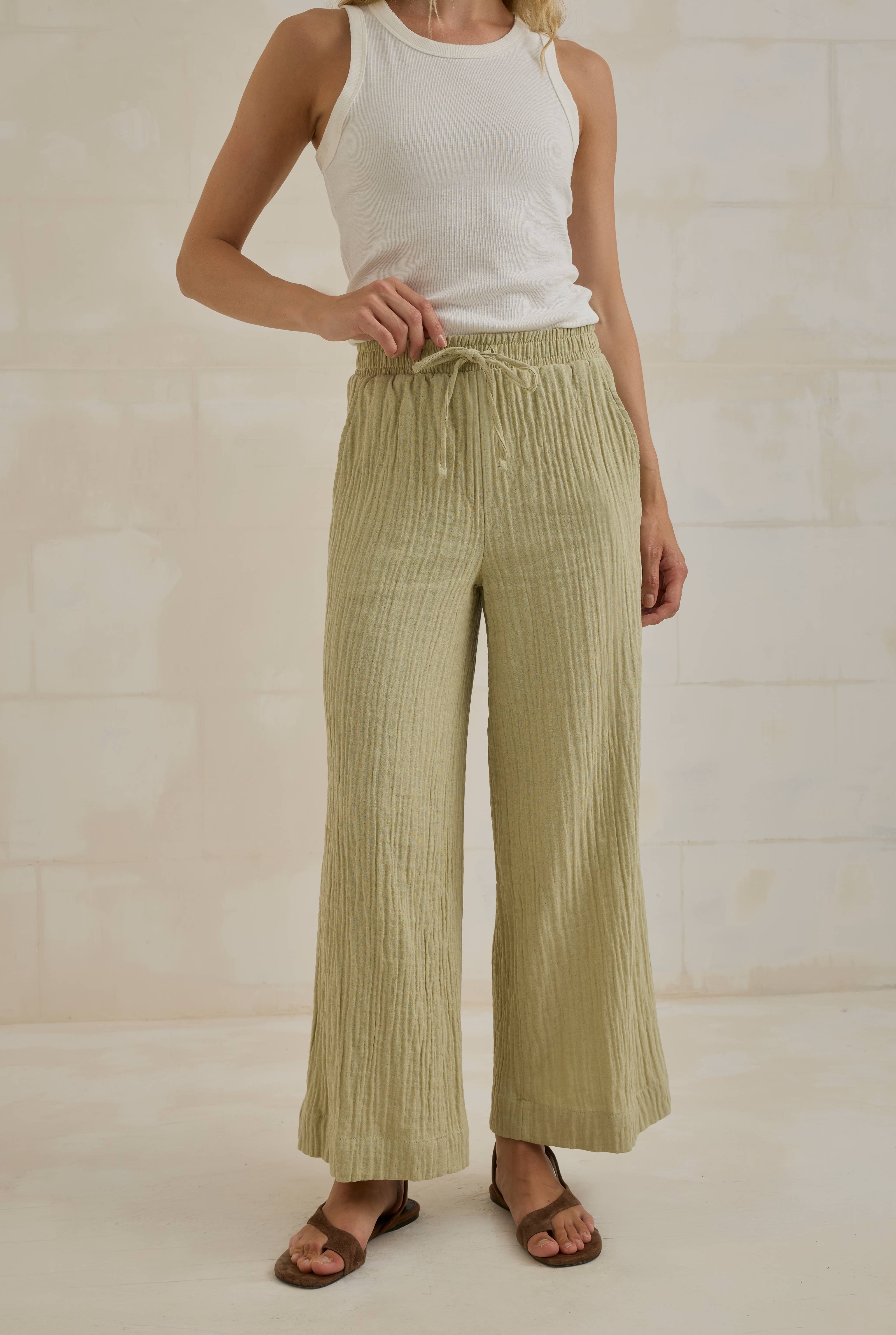 Müslin Bol Paça Pantolon Açık Adaçayı - 5