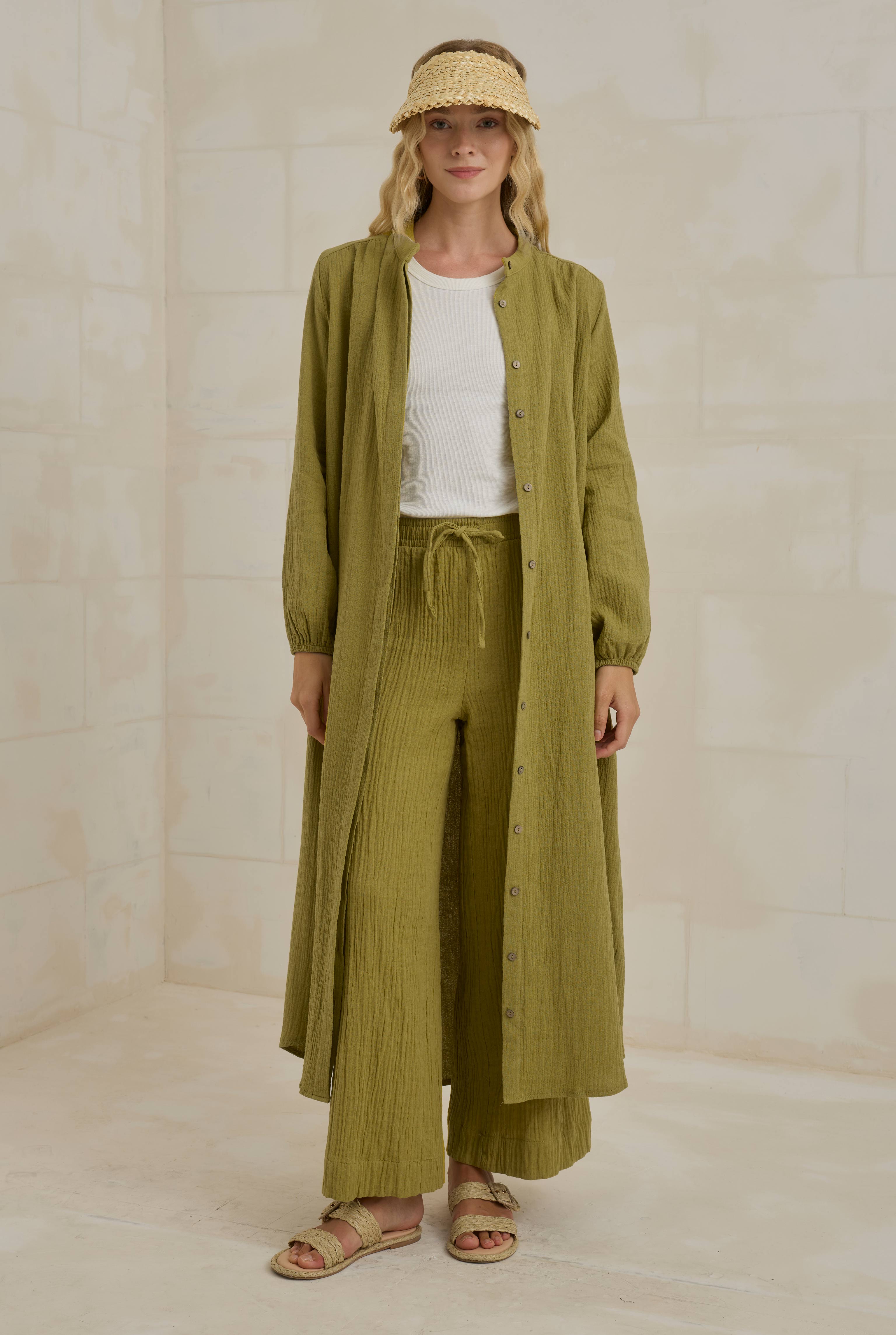 Muslin Wide Leg Trousers Oil Green - 2