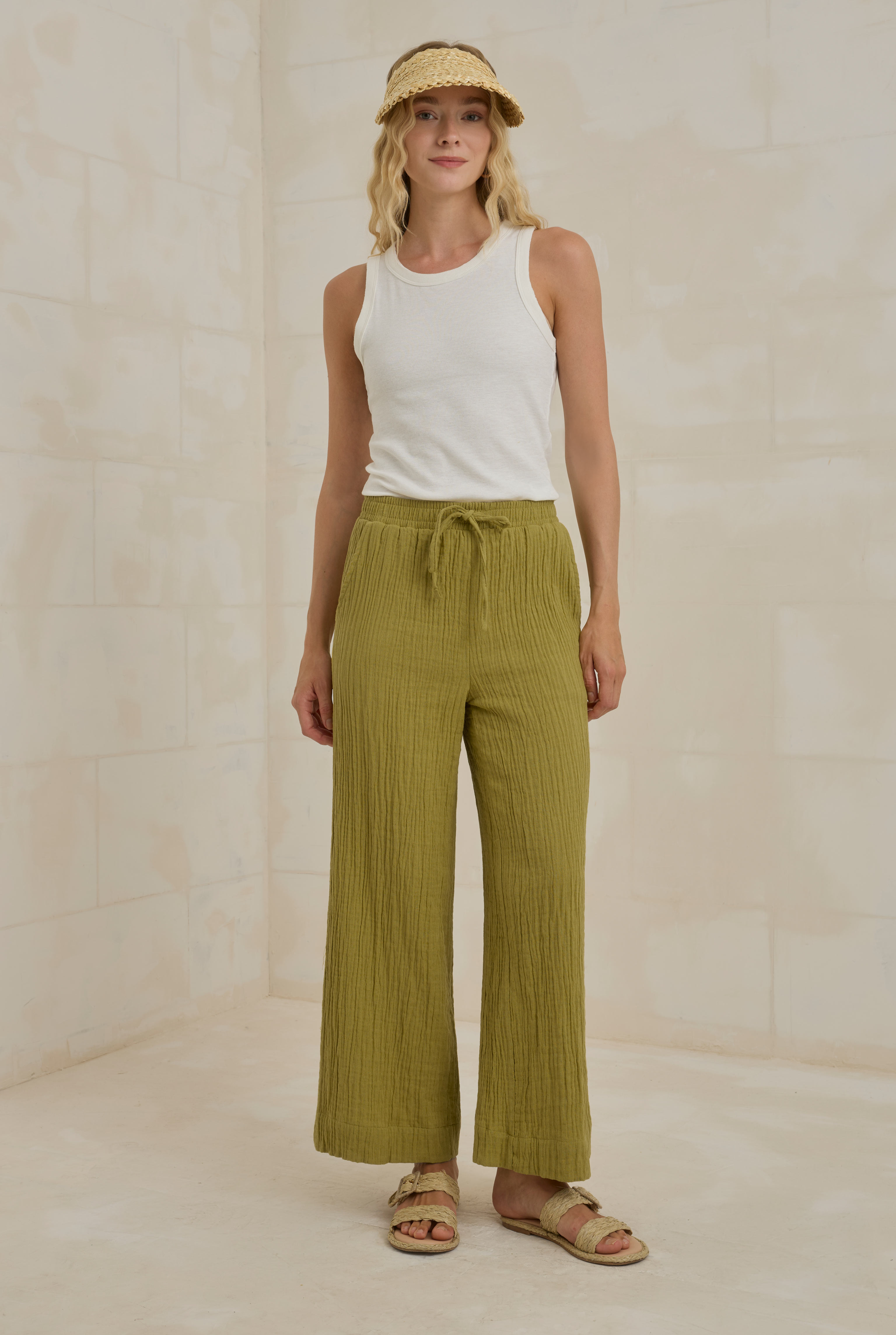 Muslin Wide Leg Trousers Oil Green - HE-QA