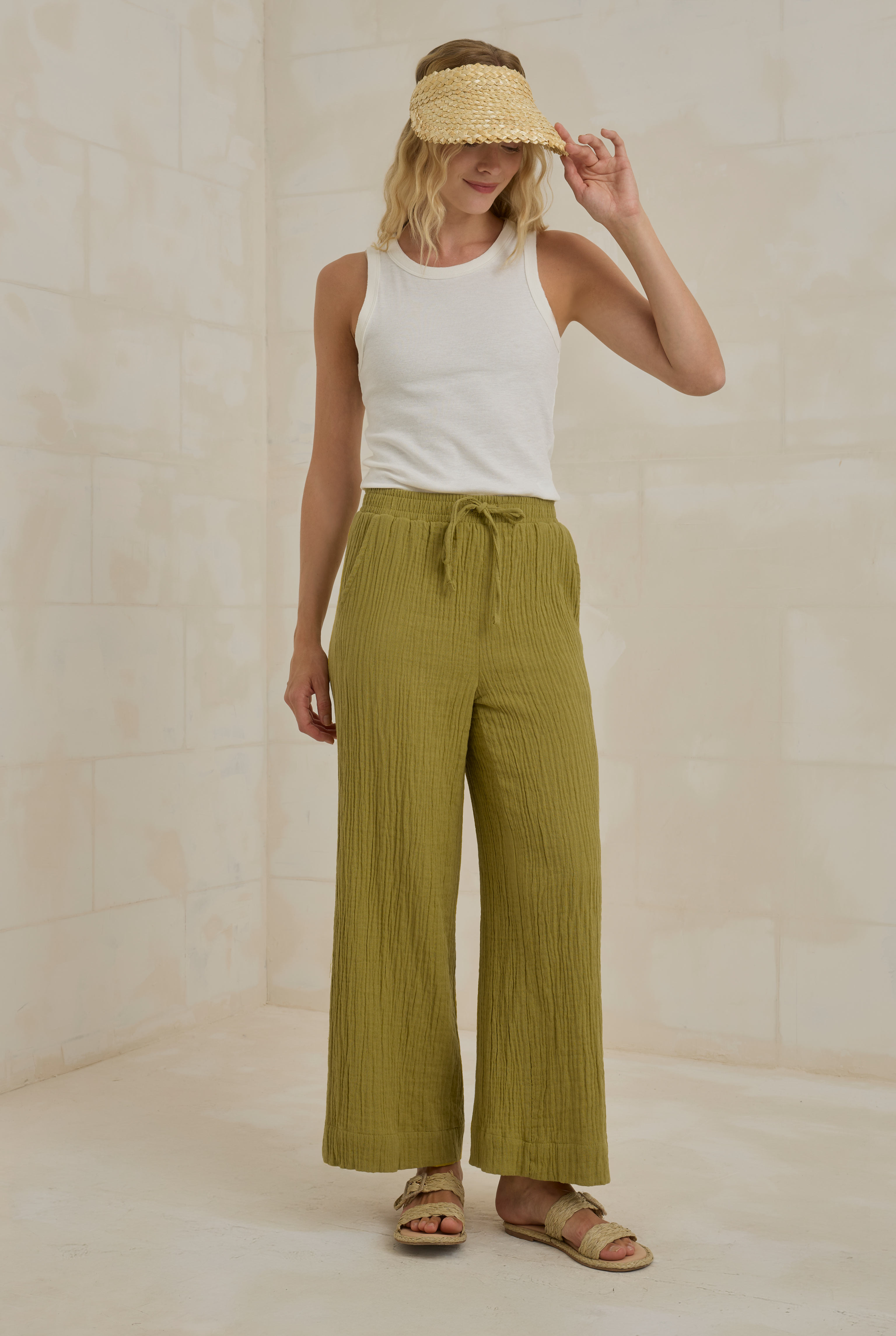 Muslin Wide Leg Trousers Oil Green - 4