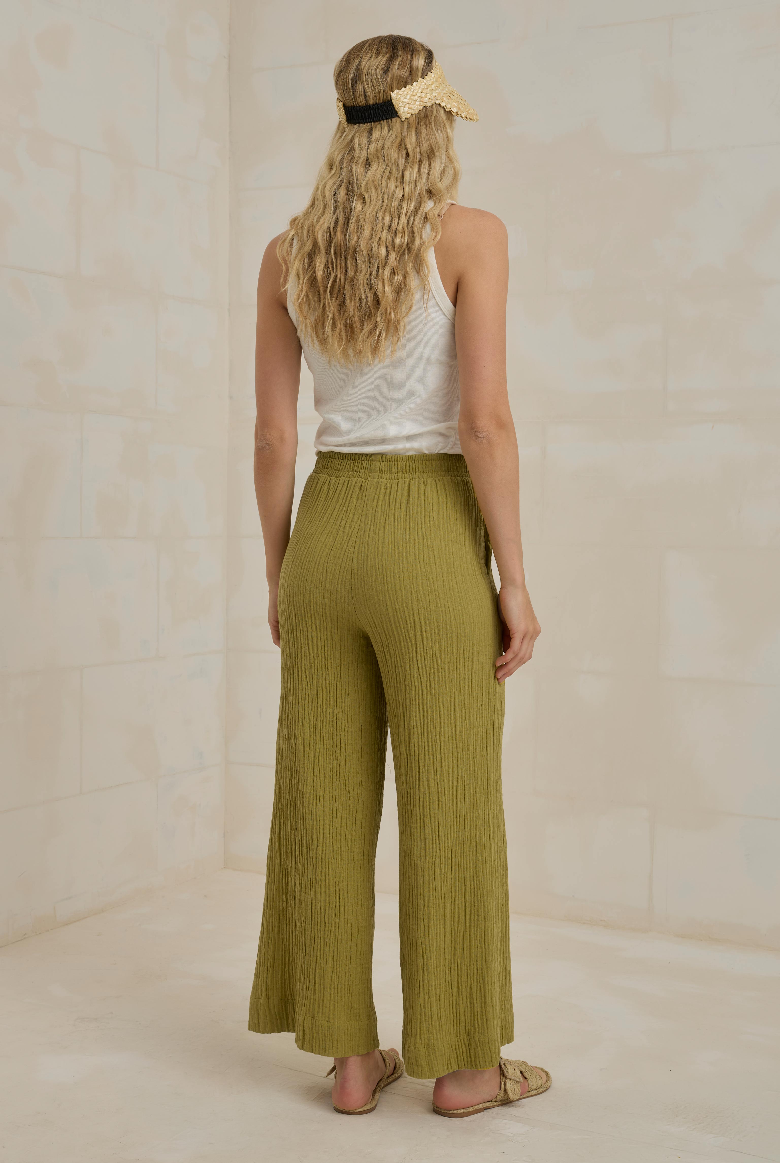 Muslin Wide Leg Trousers Oil Green - 5