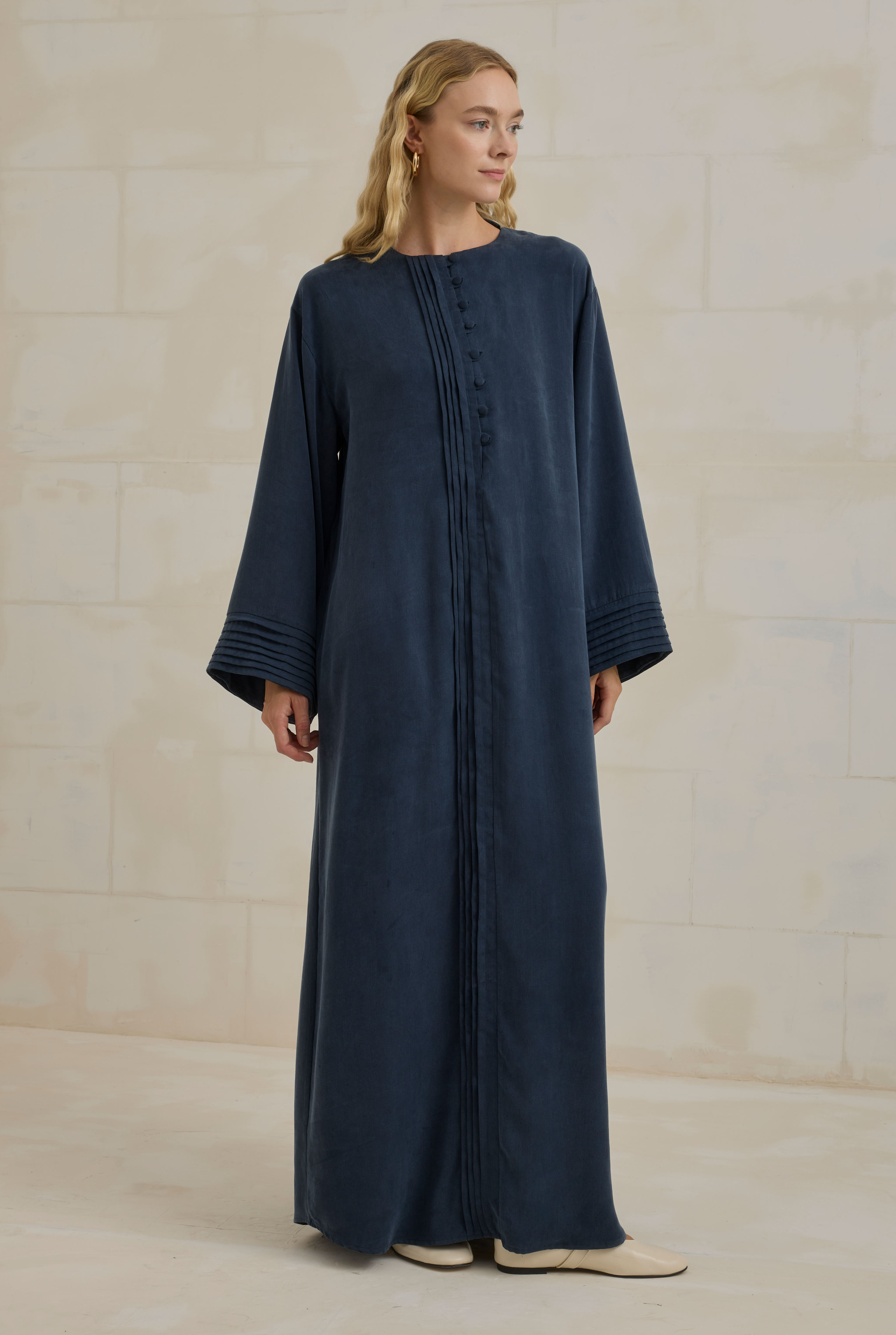 Pintuck Lyocell Abaya Navy Blue - HE-QA