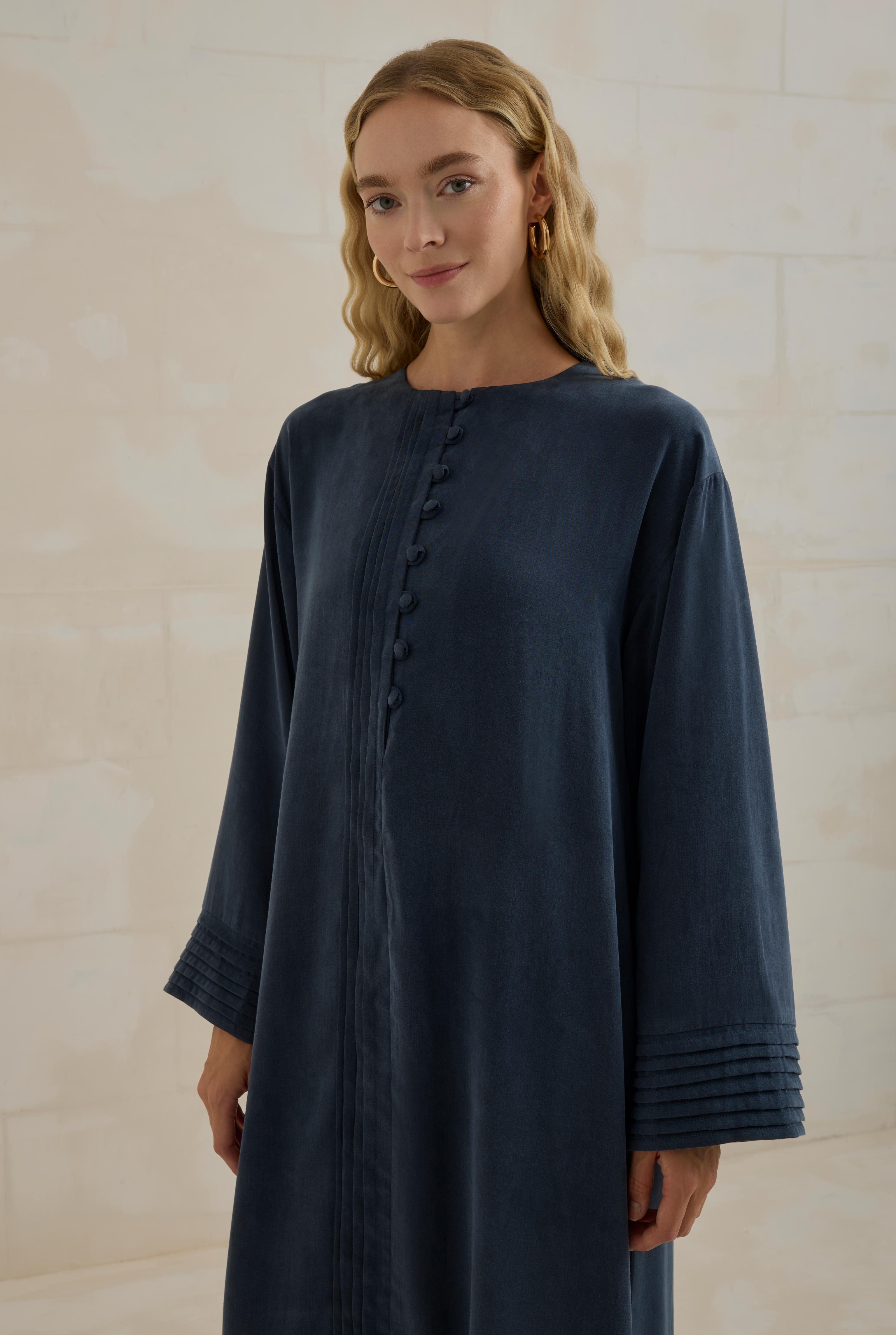 Pintuck Lyocell Abaya Navy Blue - 3