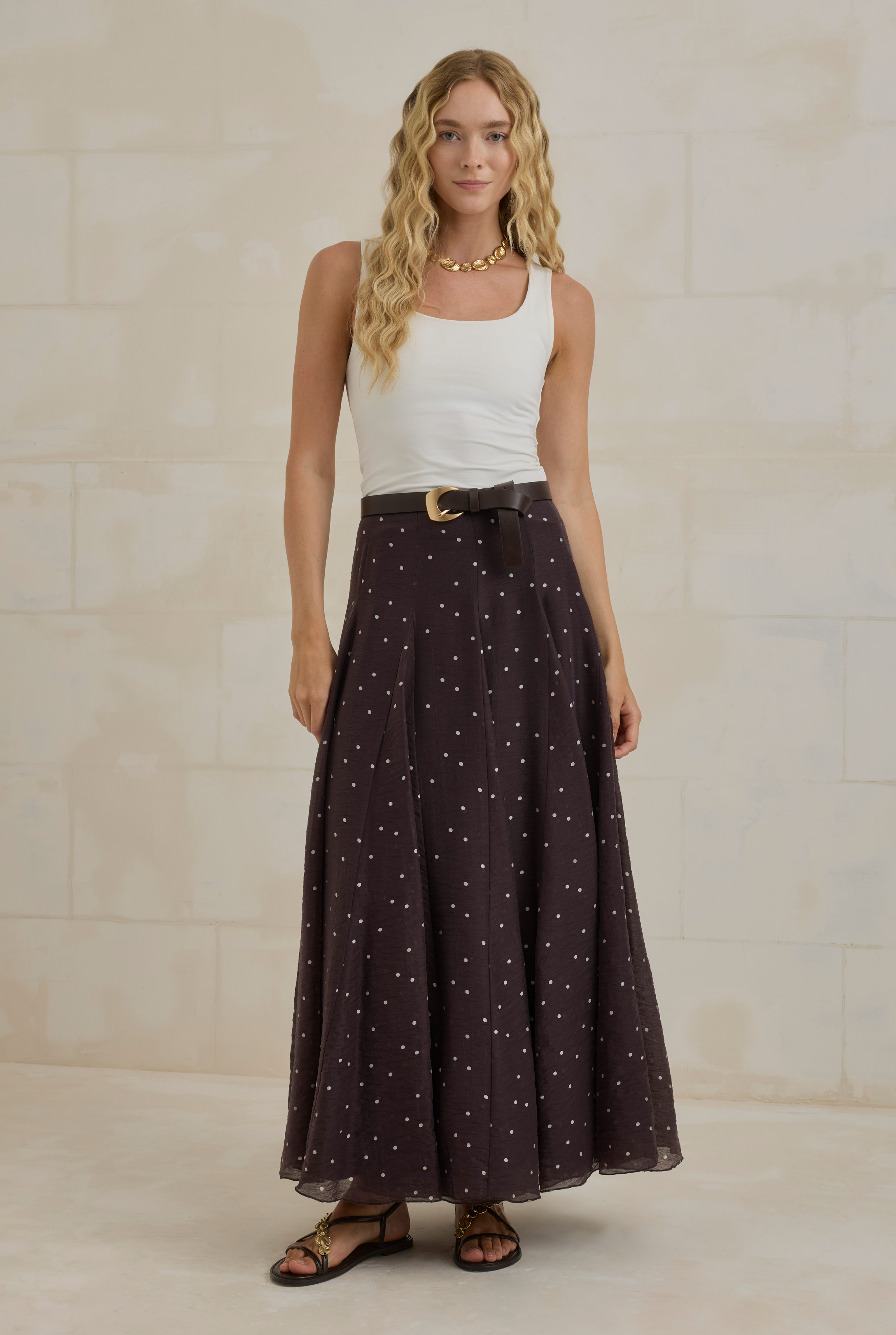 Polka Dot Paneled Skirt Dark Brown - 2