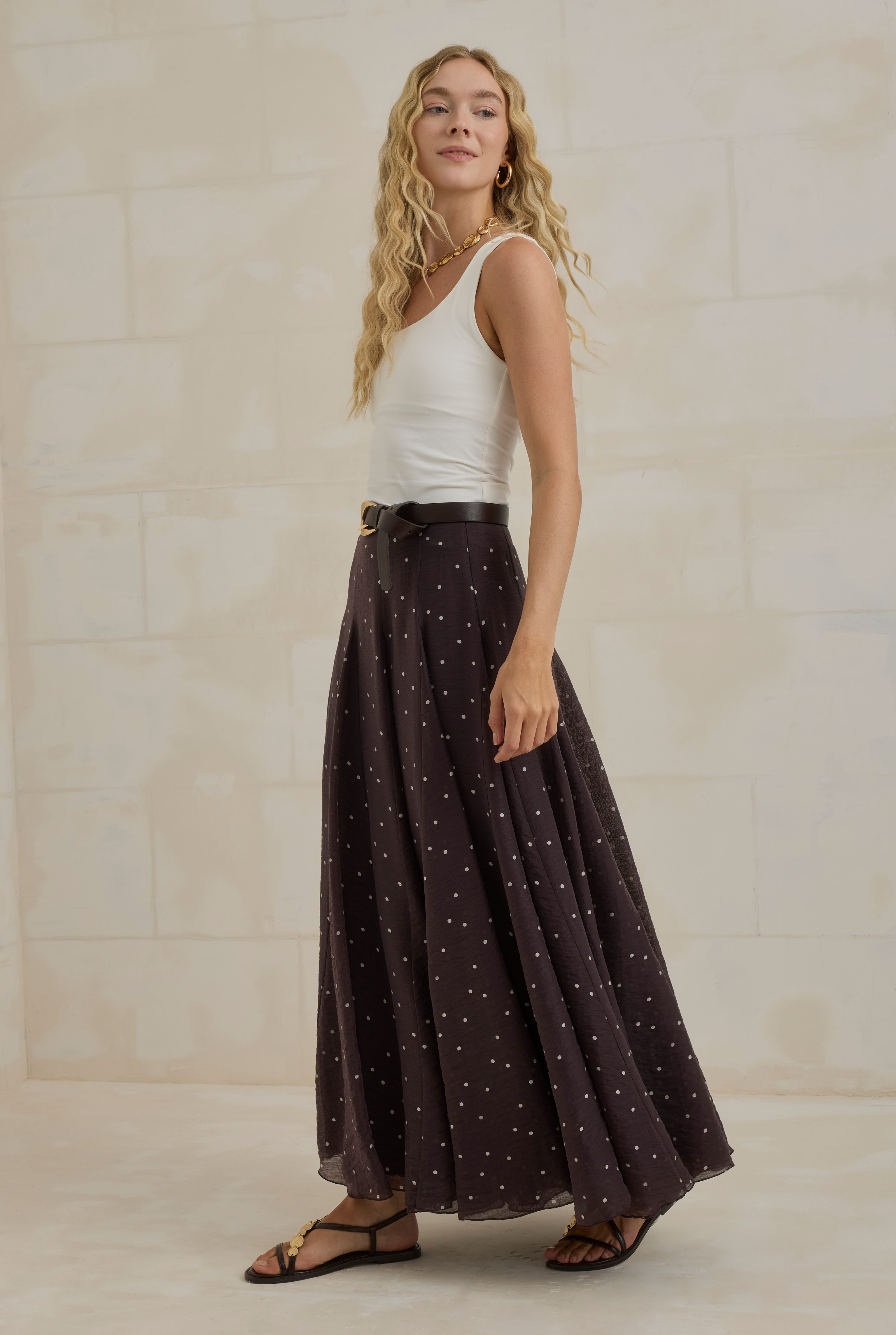 Polka Dot Paneled Skirt Dark Brown - 3