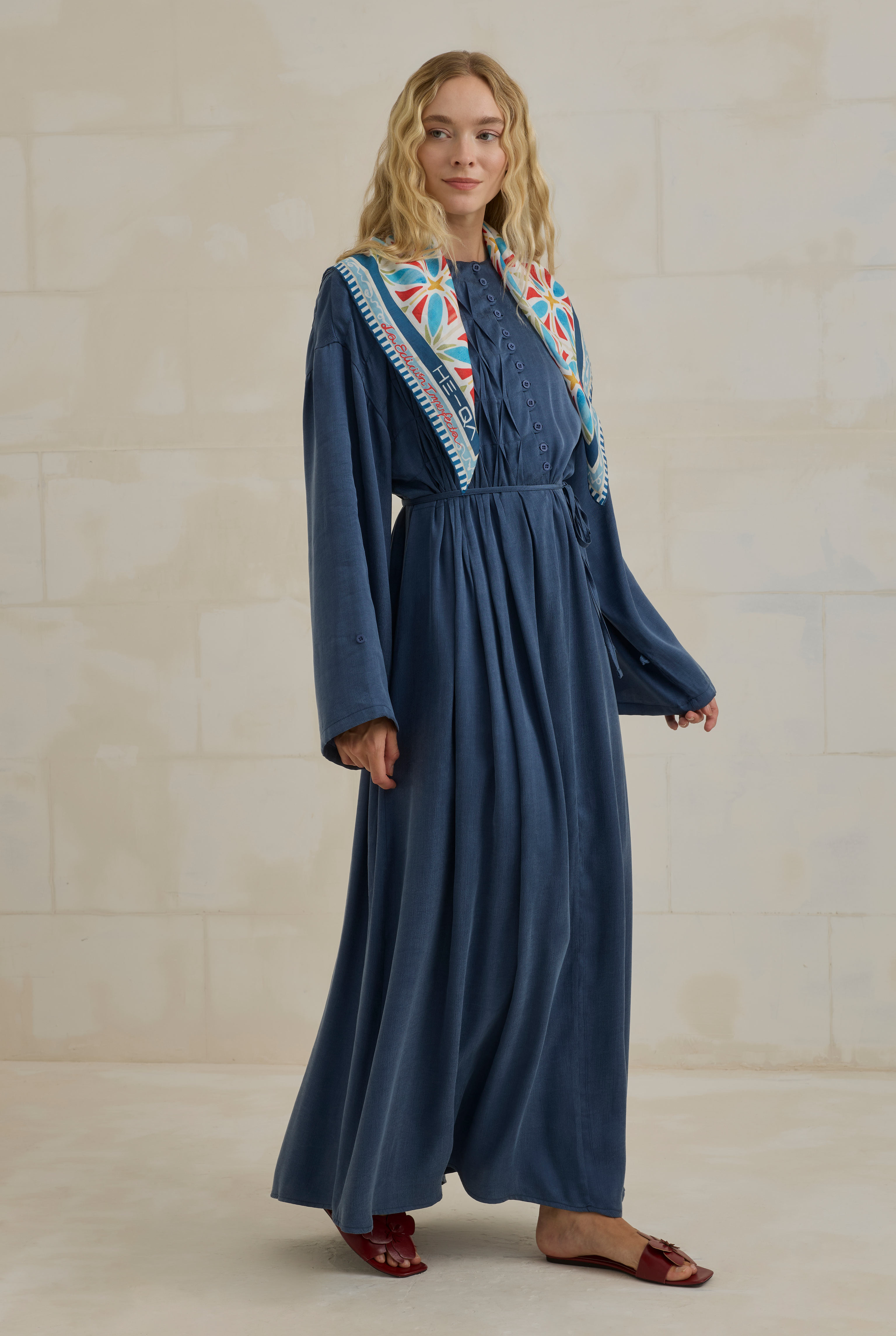 Nervür Motifli Liyosel Abaya Kot Mavi - 2