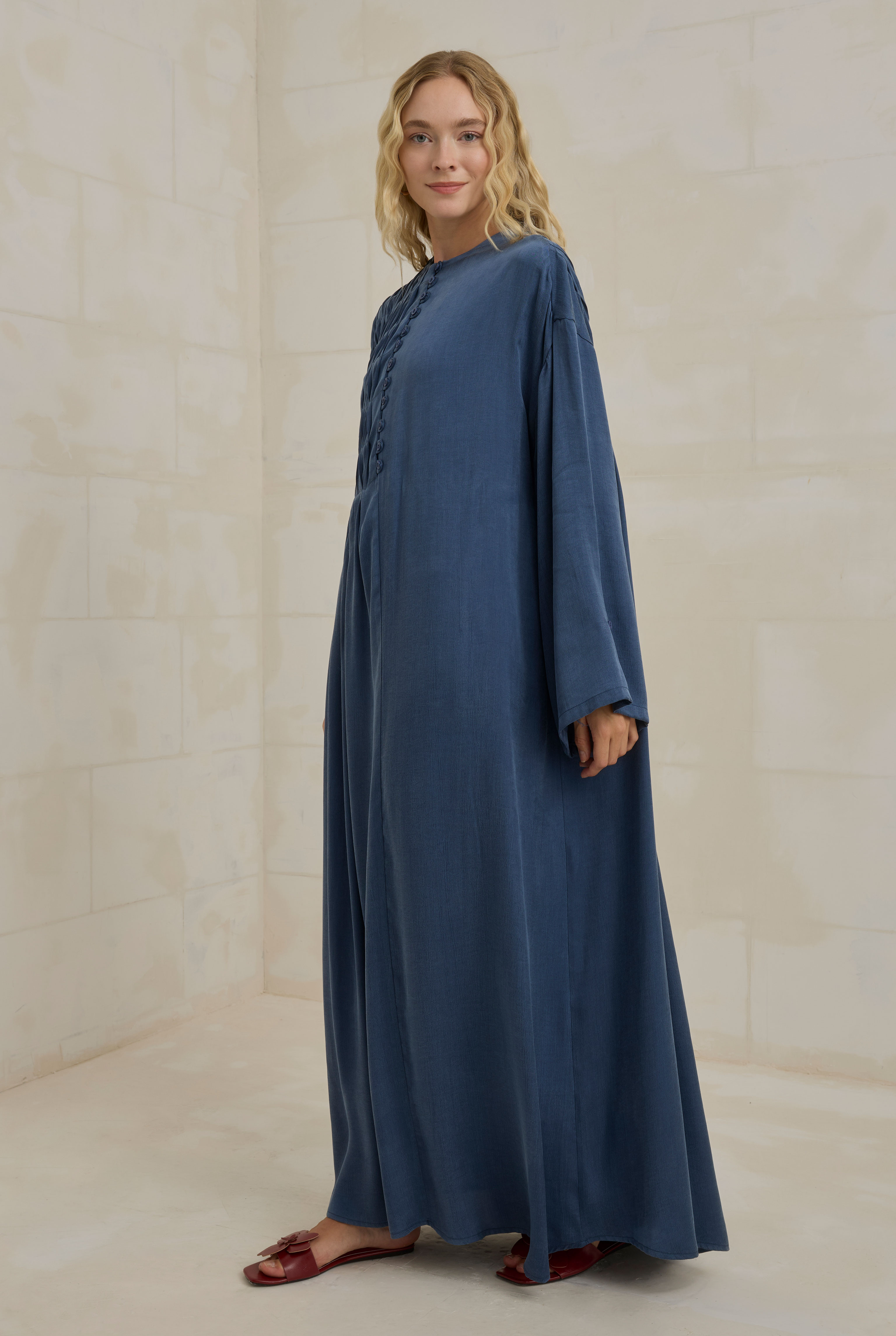 Nervür Motifli Liyosel Abaya Kot Mavi - 5