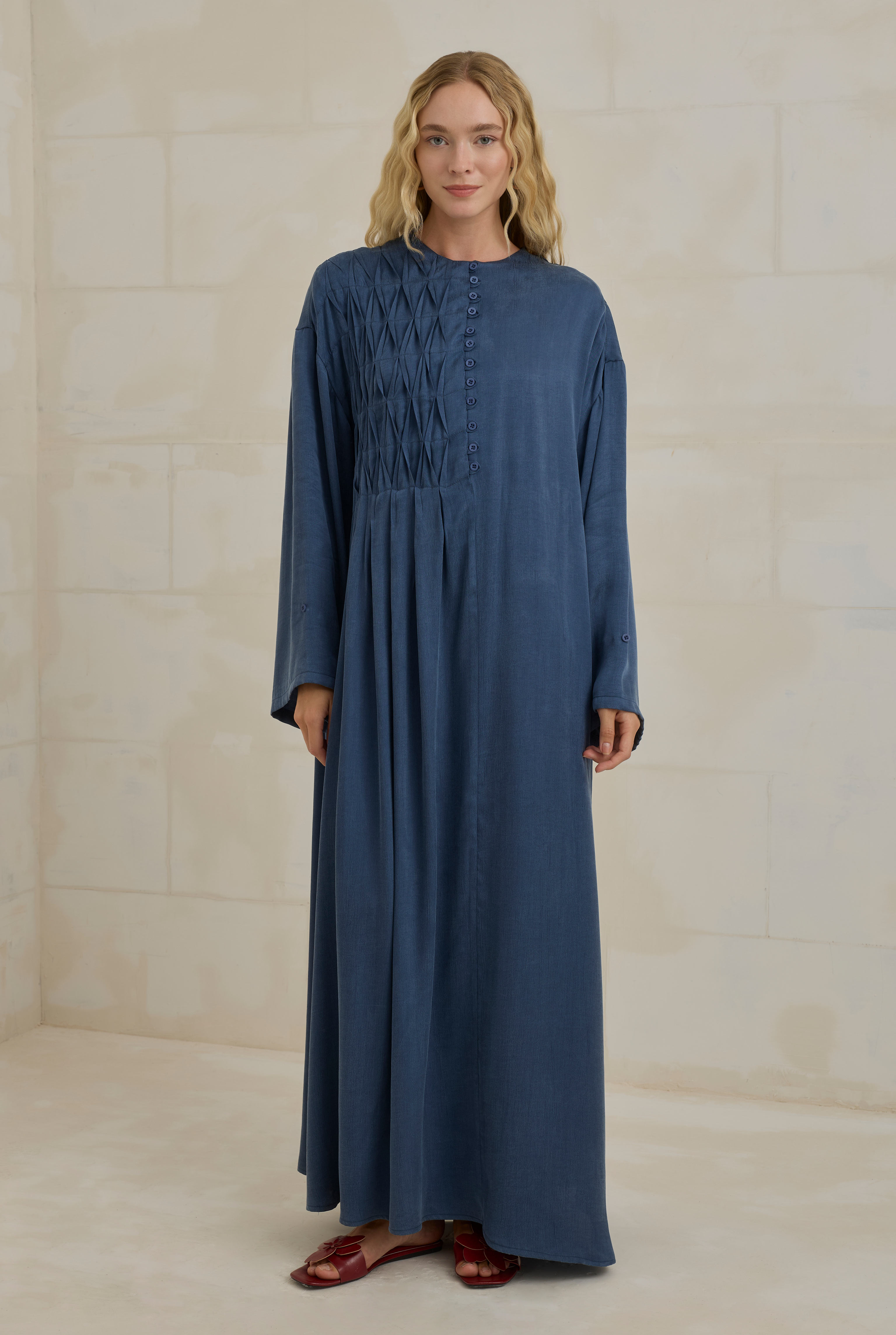 Nervür Motifli Liyosel Abaya Kot Mavi - 3