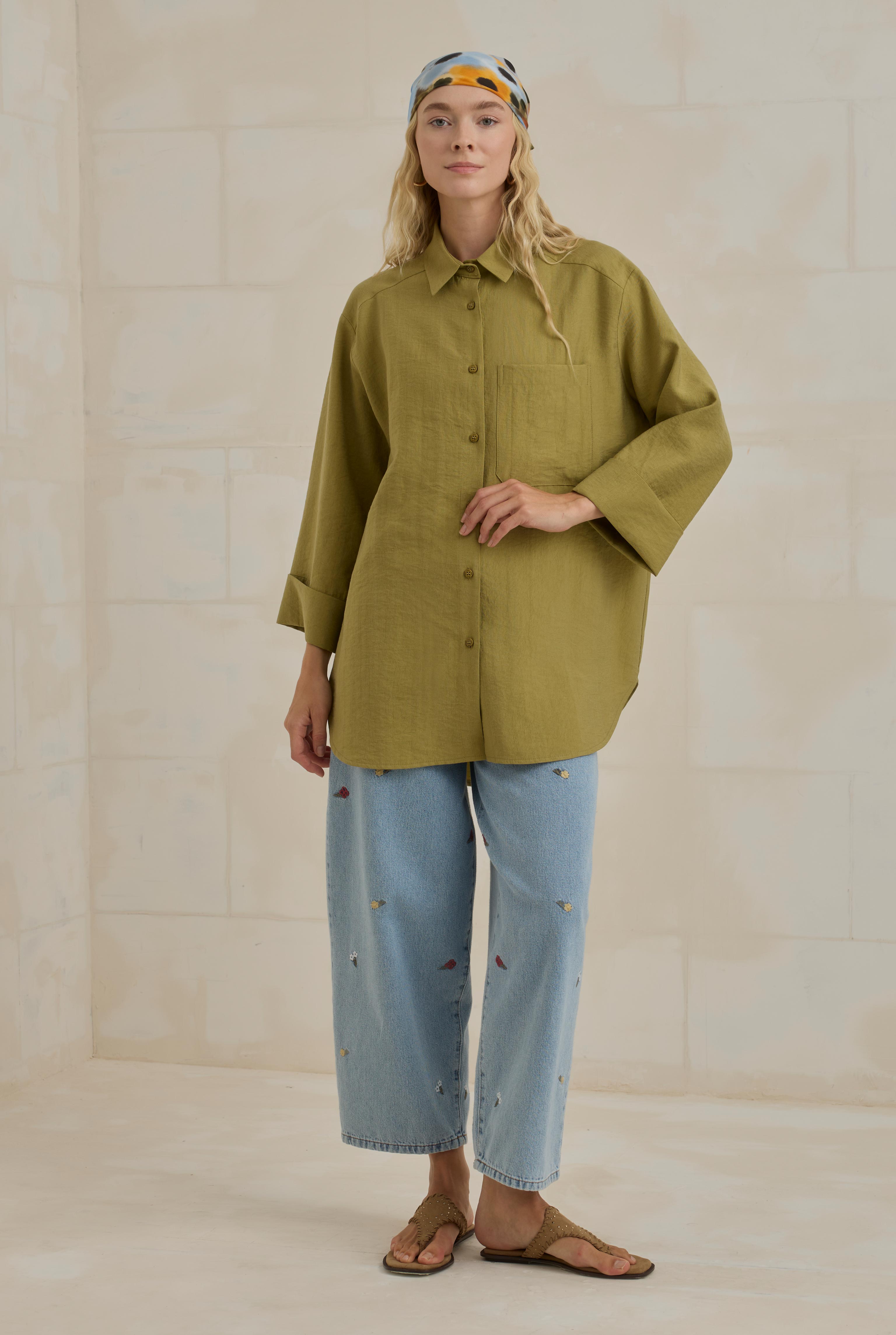 Tencel Oversize Shirt Oil Green - 1