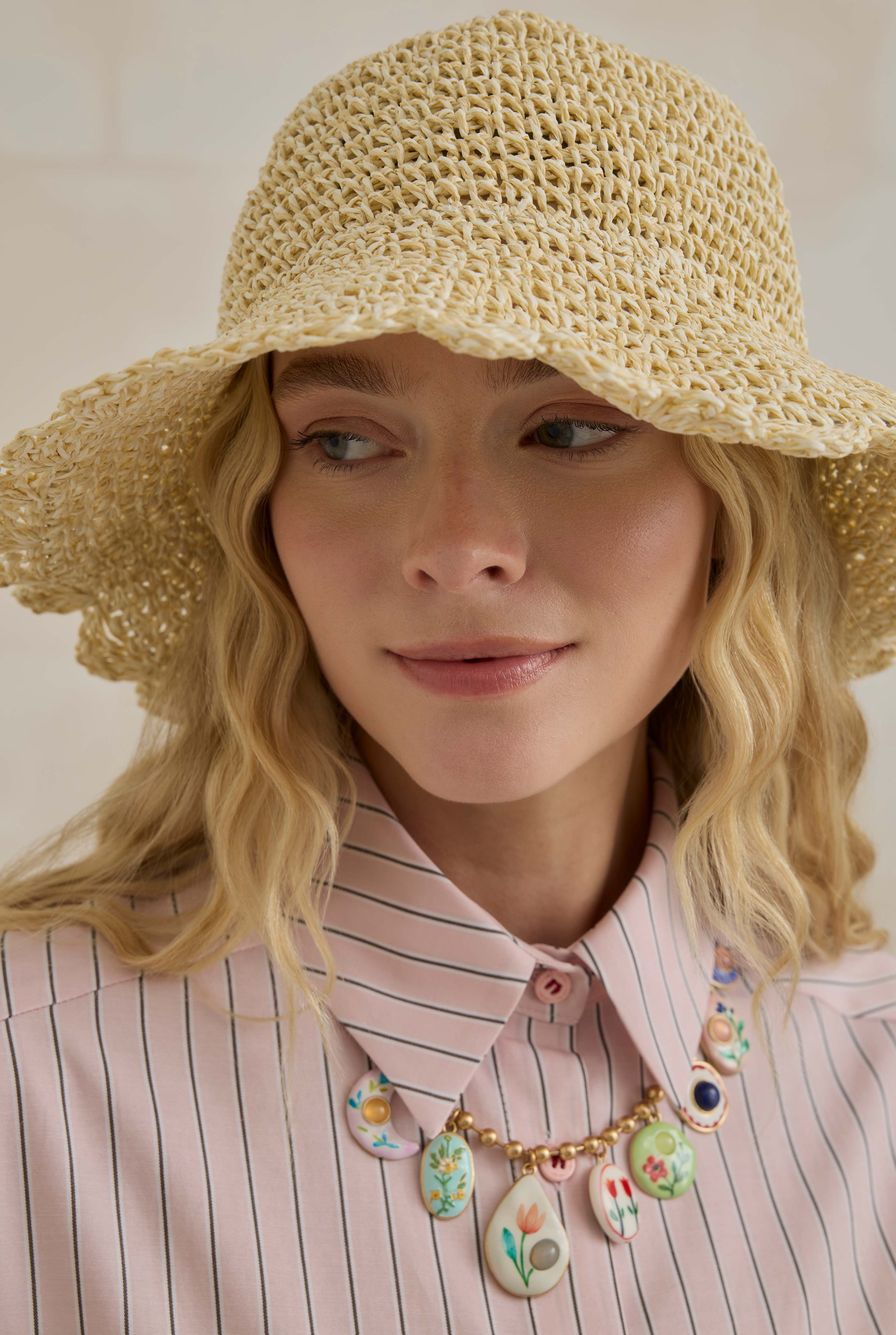 Straw Bucket Hat Beige - 1