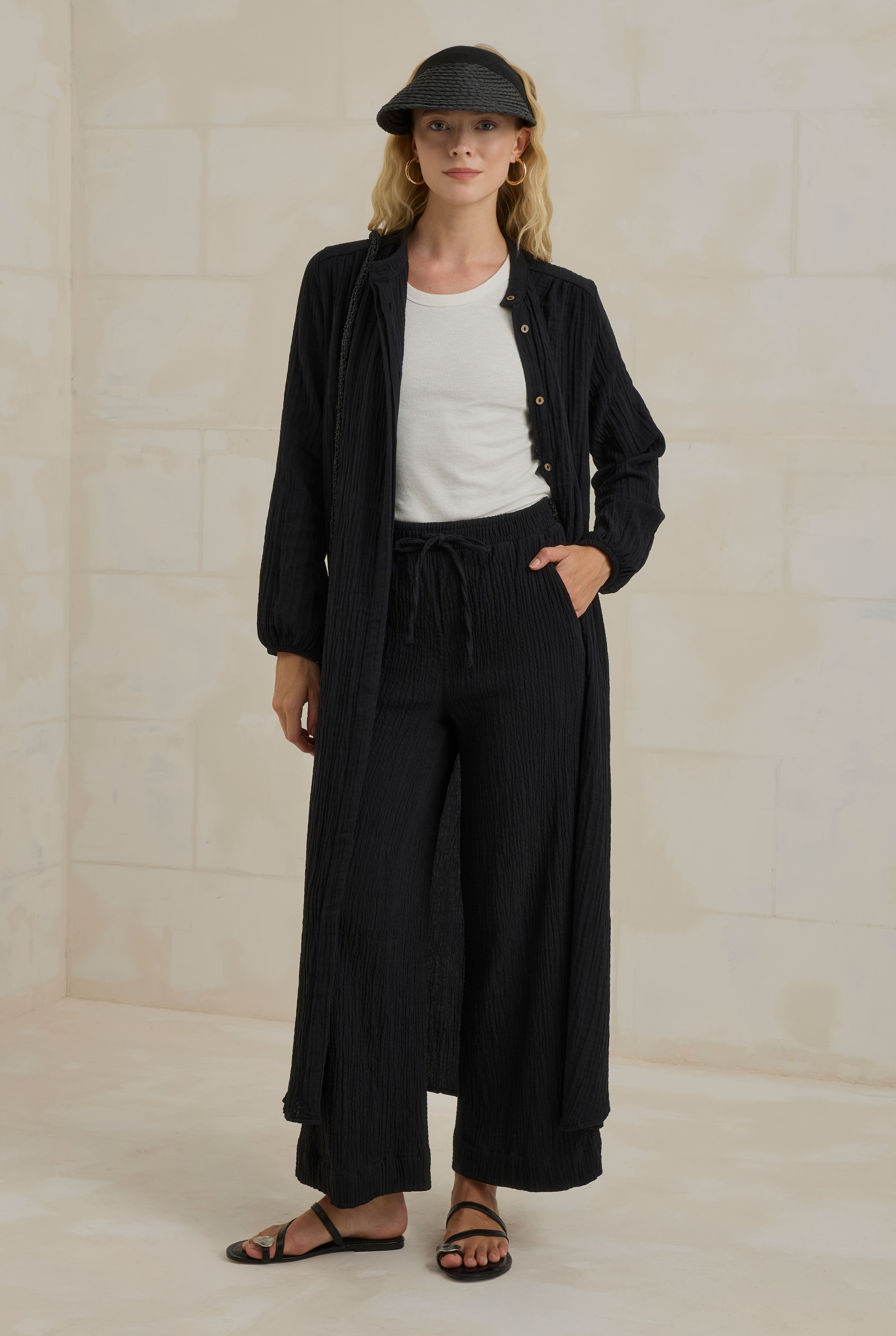 Muslin Wide Leg Trousers Black - HE-QA