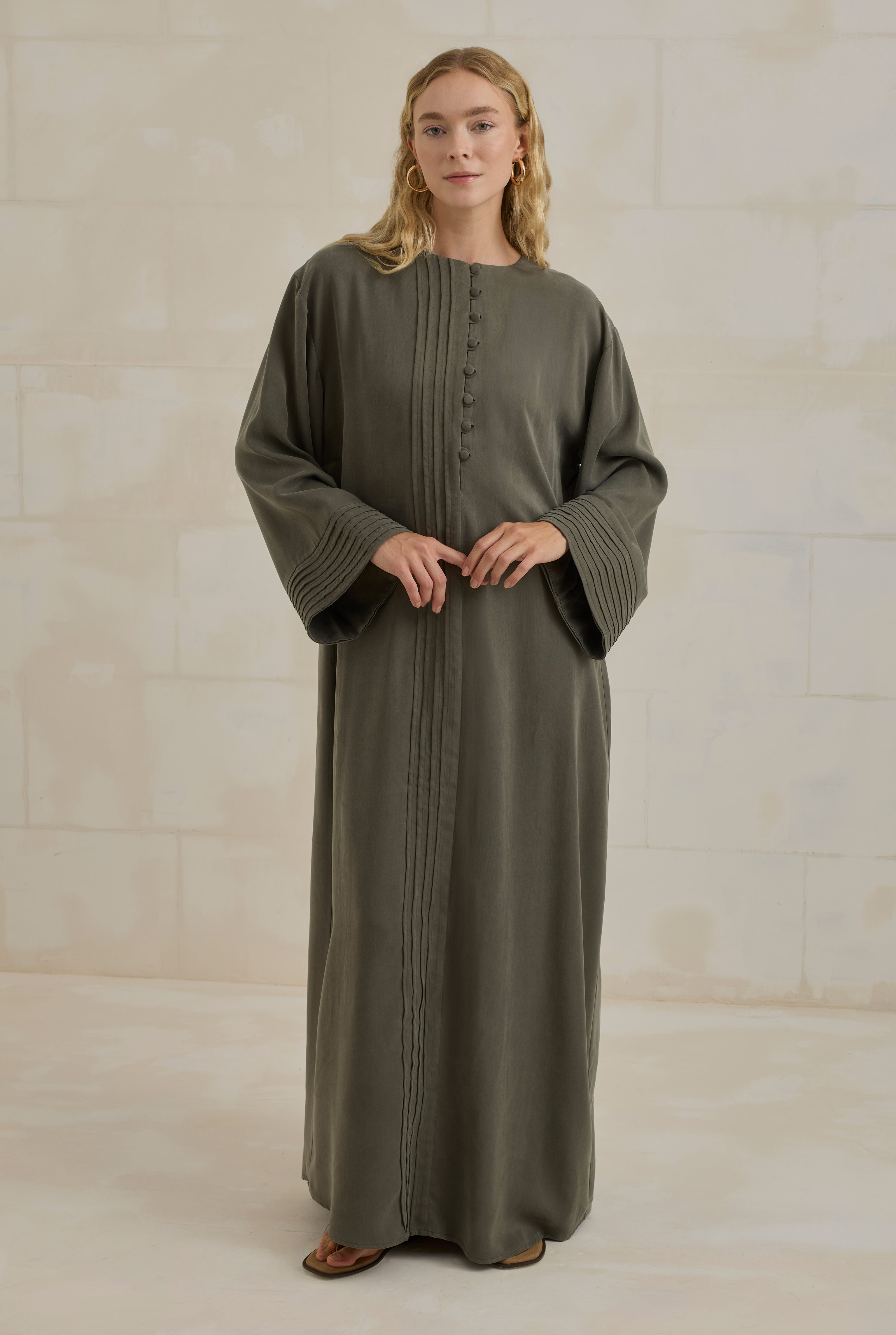 Pintuck Lyocell Abaya Khaki - HE-QA