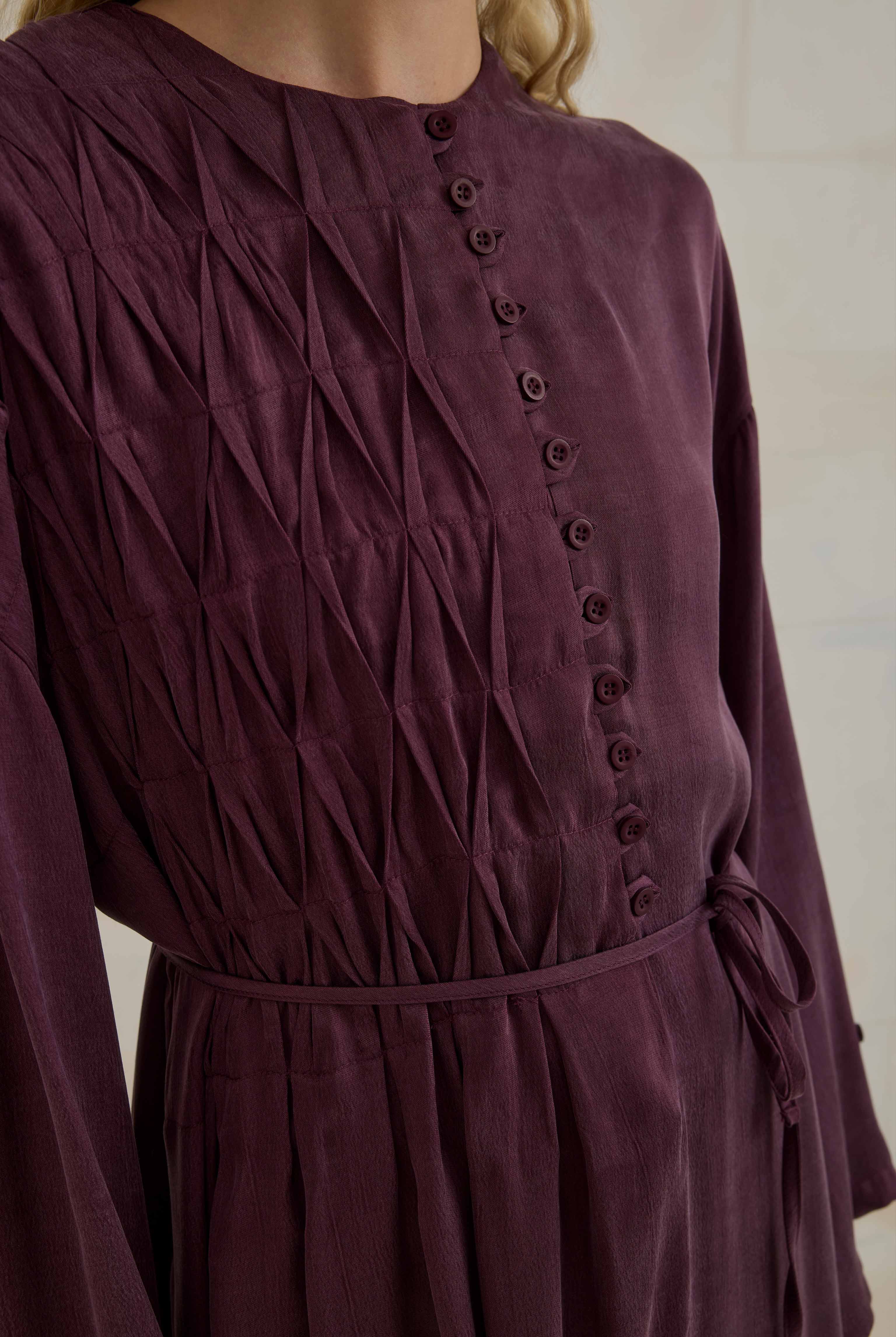 Pintuck Detail Lyocell Abaya Bordeaux - 5