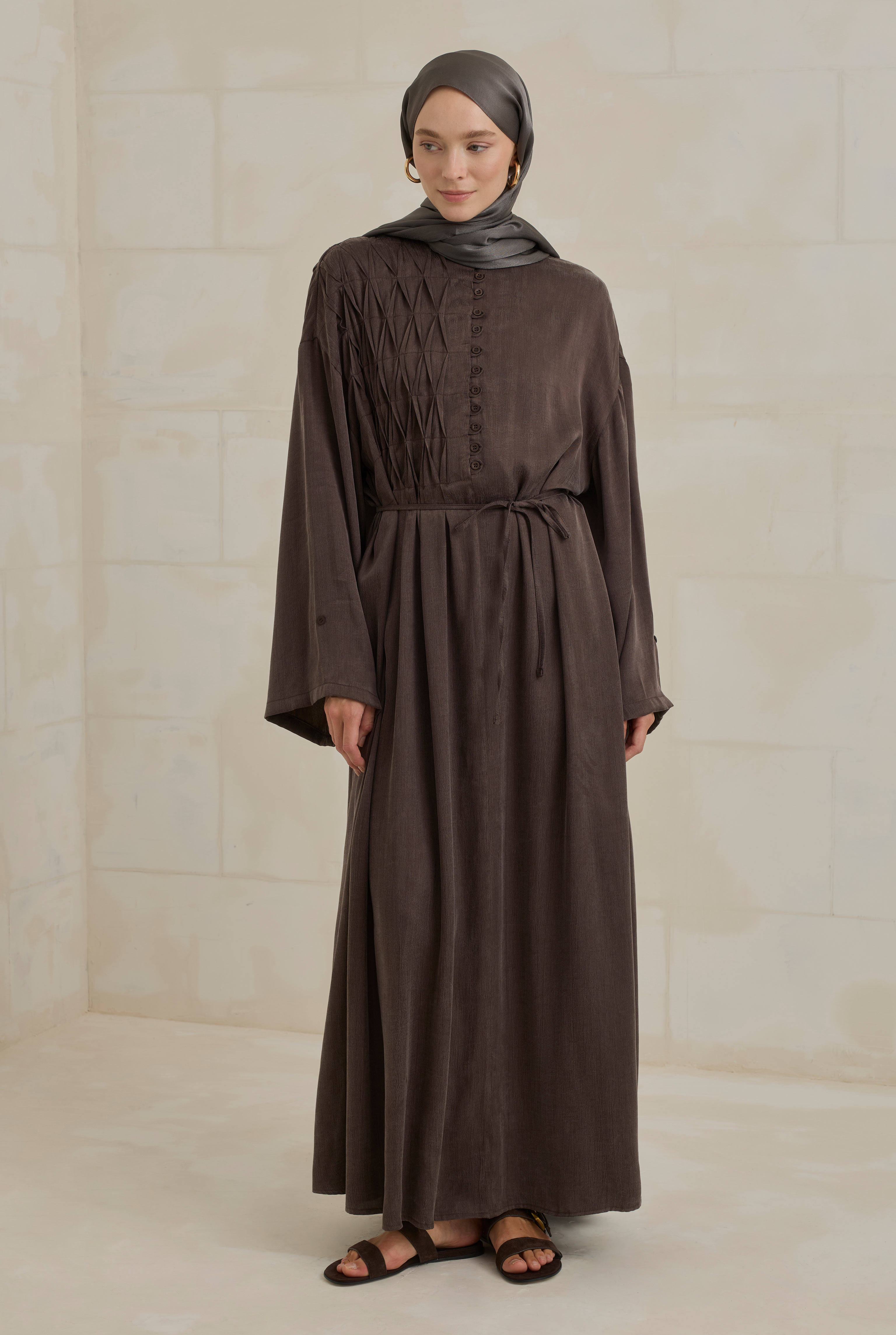 Pintuck Detail Lyocell Abaya Dark Brown - HE-QA