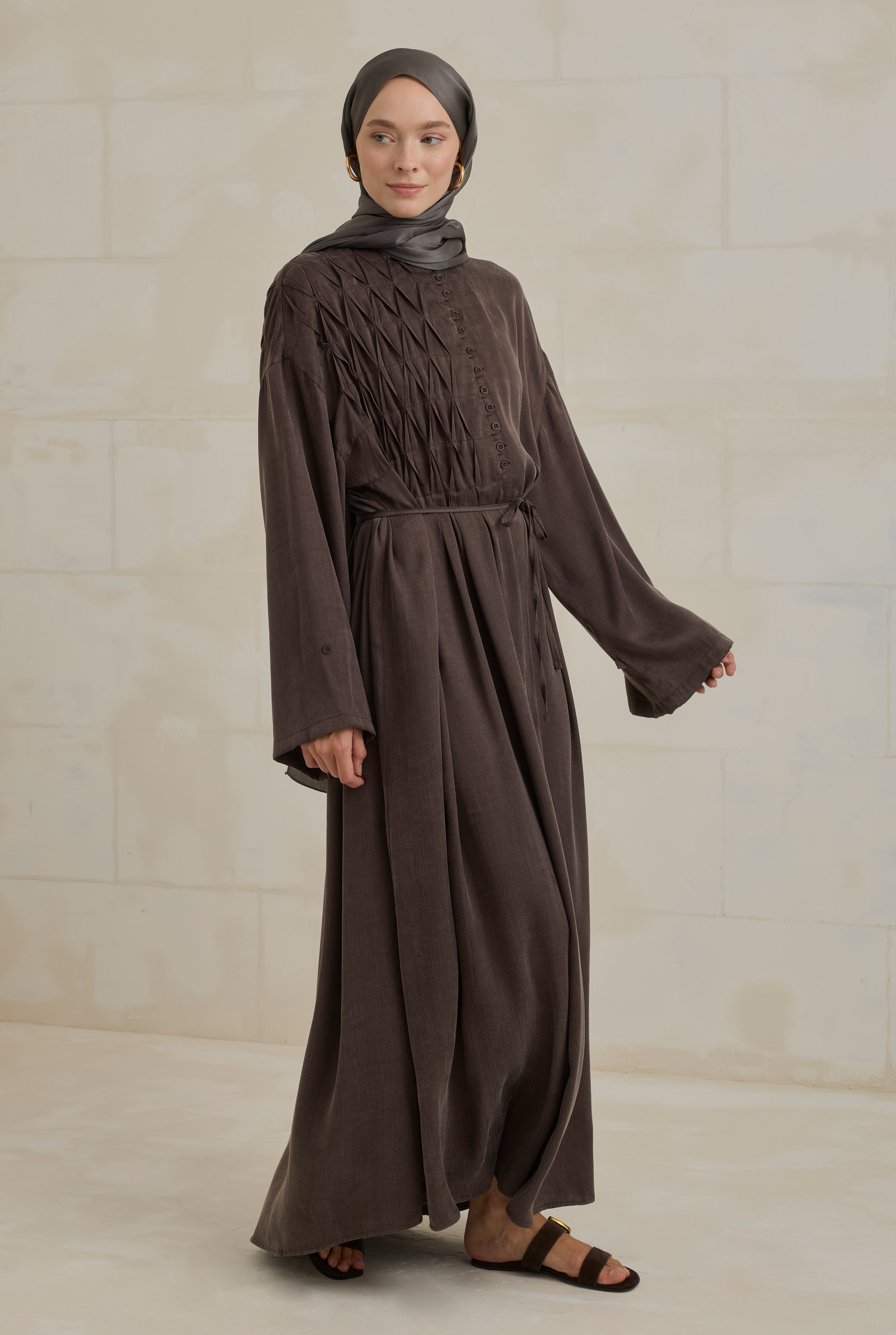 Pintuck Detail Lyocell Abaya Dark Brown - 2
