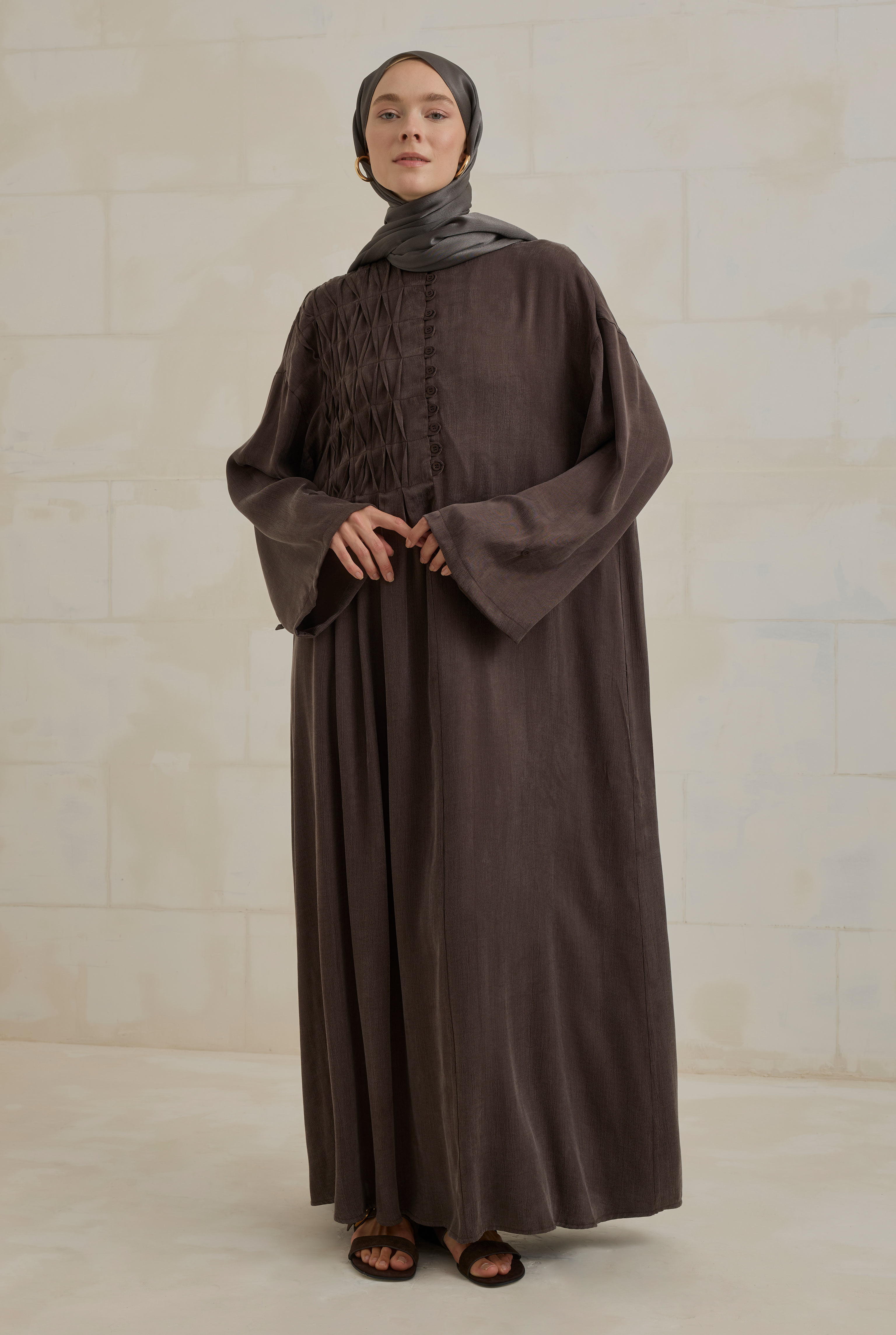 Pintuck Detail Lyocell Abaya Dark Brown - 3