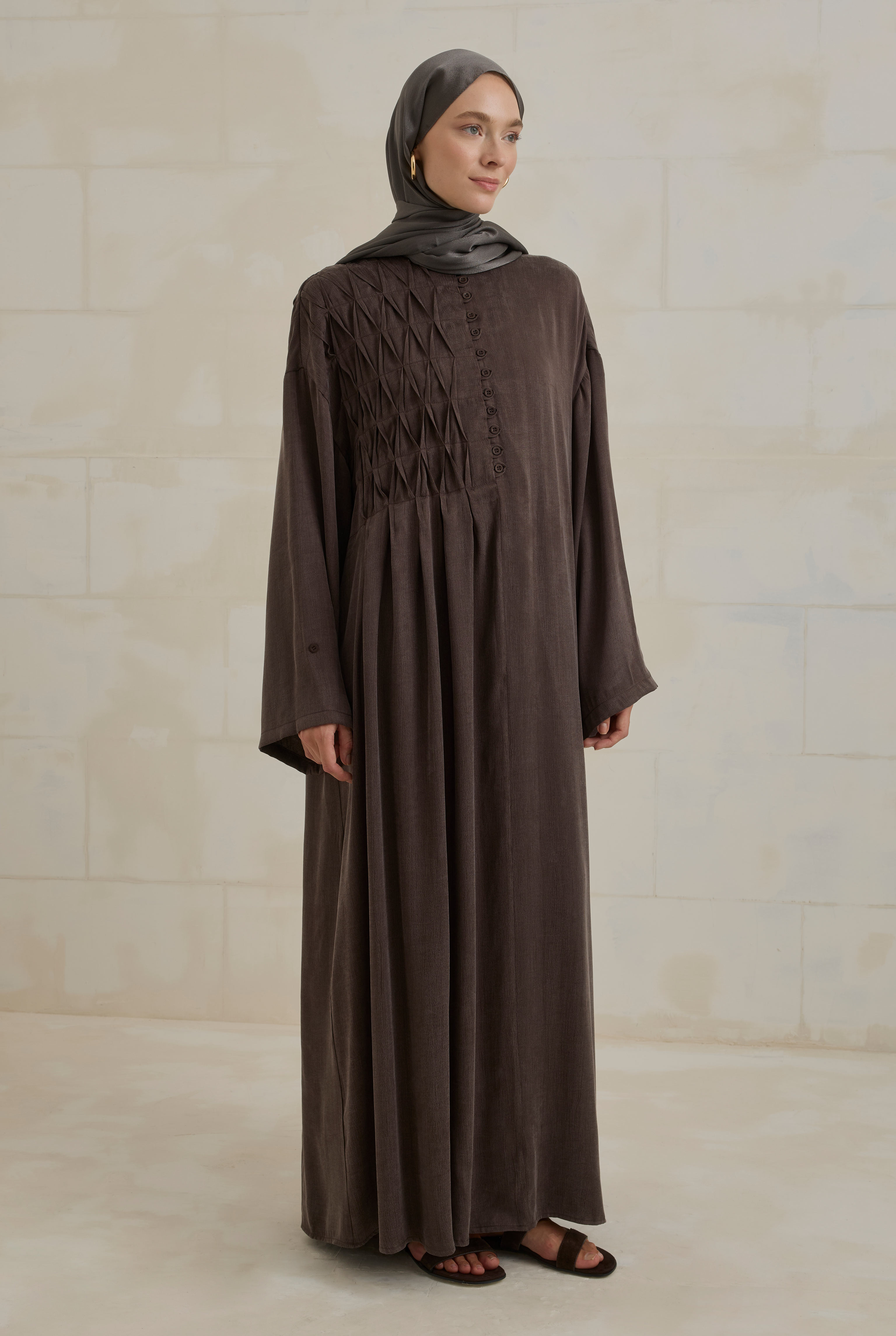 Pintuck Detail Lyocell Abaya Dark Brown - 4