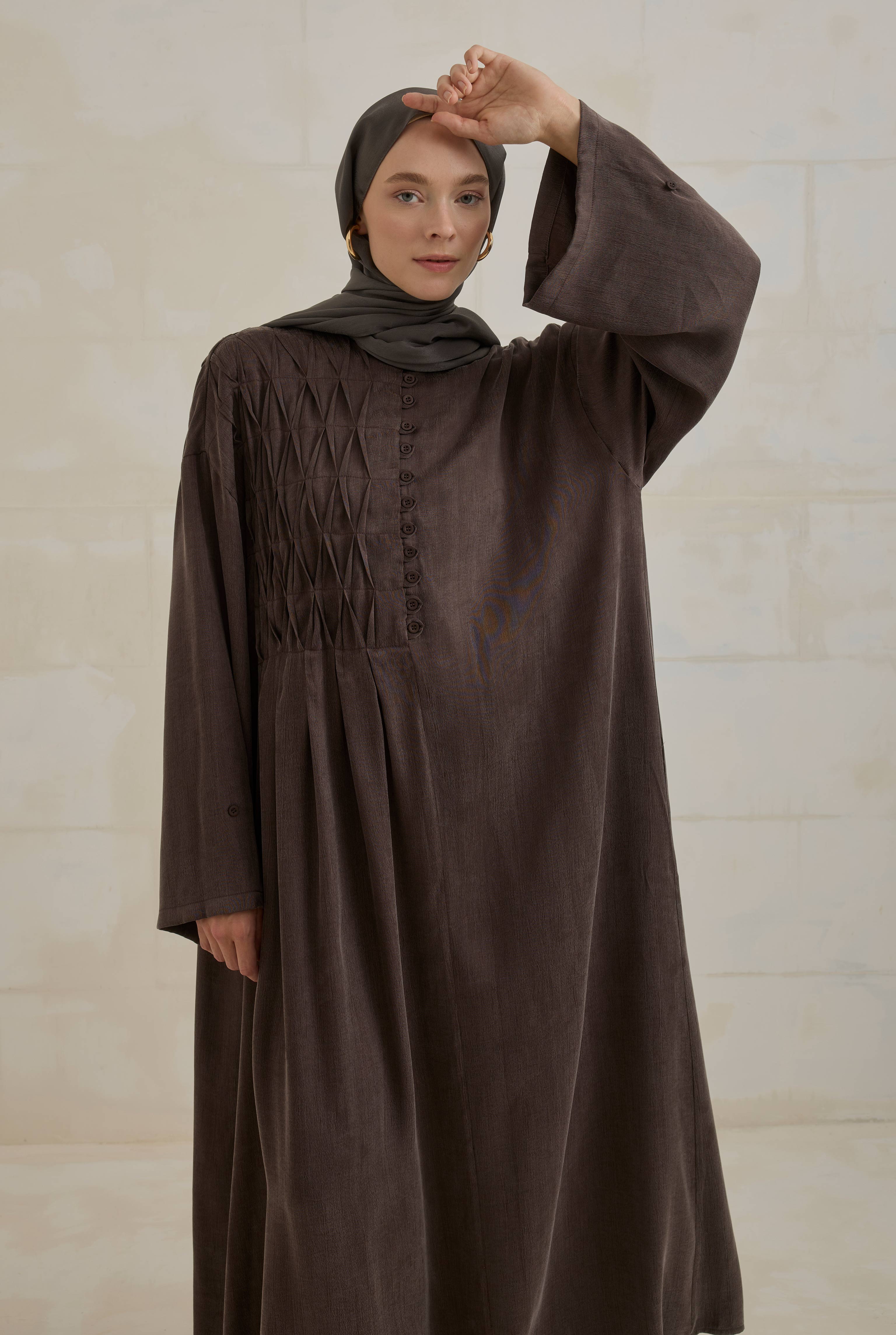 Pintuck Detail Lyocell Abaya Dark Brown - 6