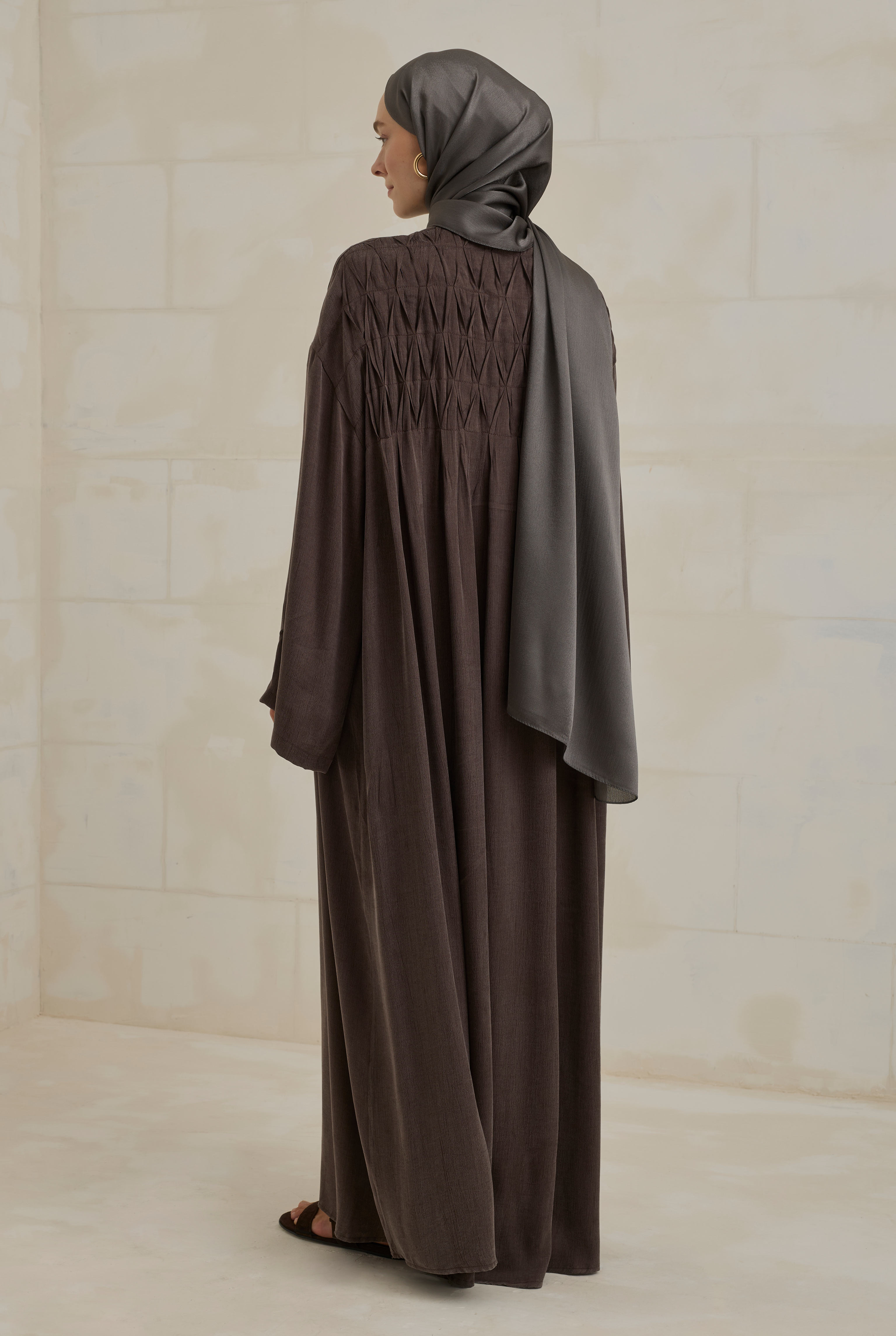 Pintuck Detail Lyocell Abaya Dark Brown - 5