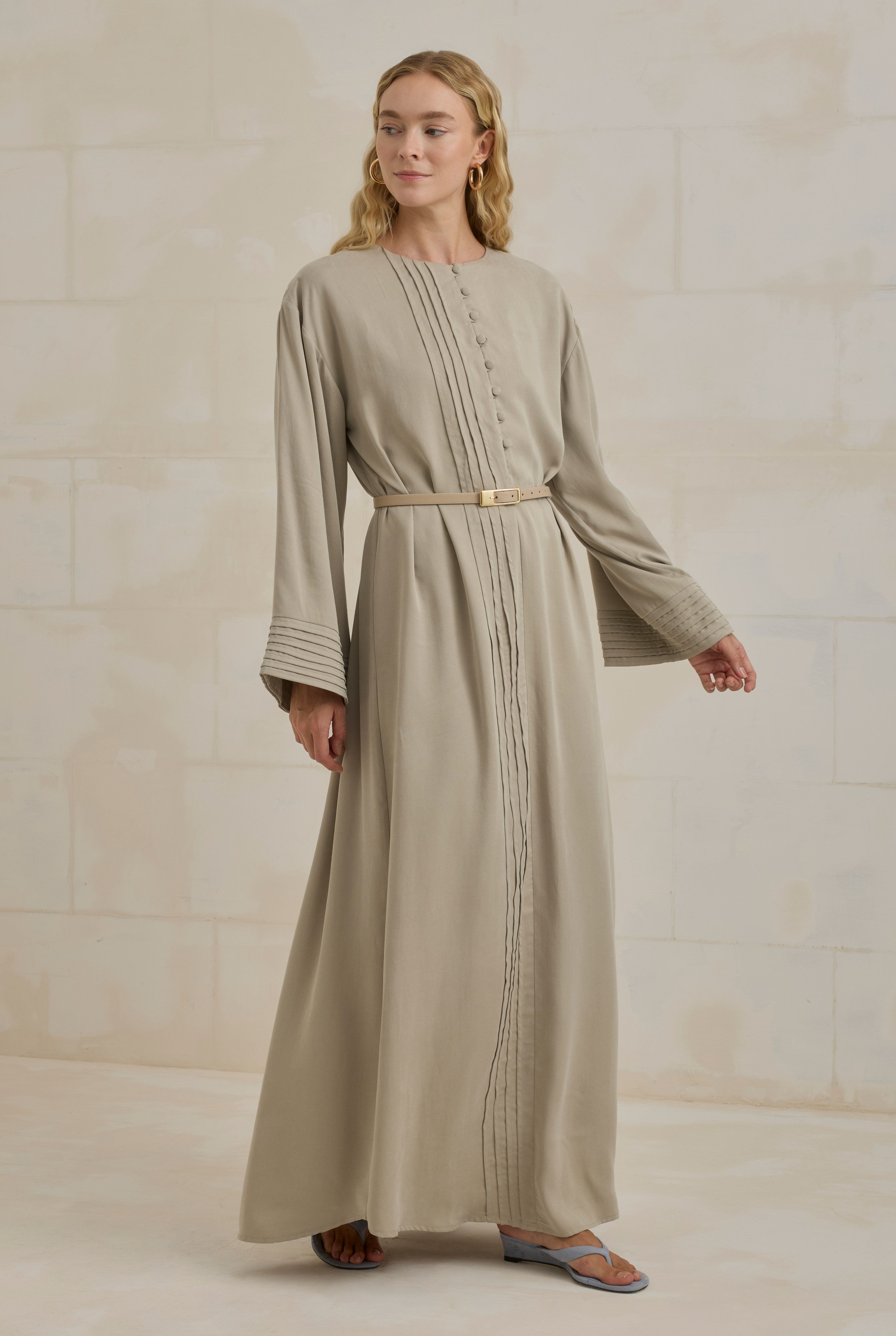 Pintuck Lyocell Abaya Bone - HE-QA