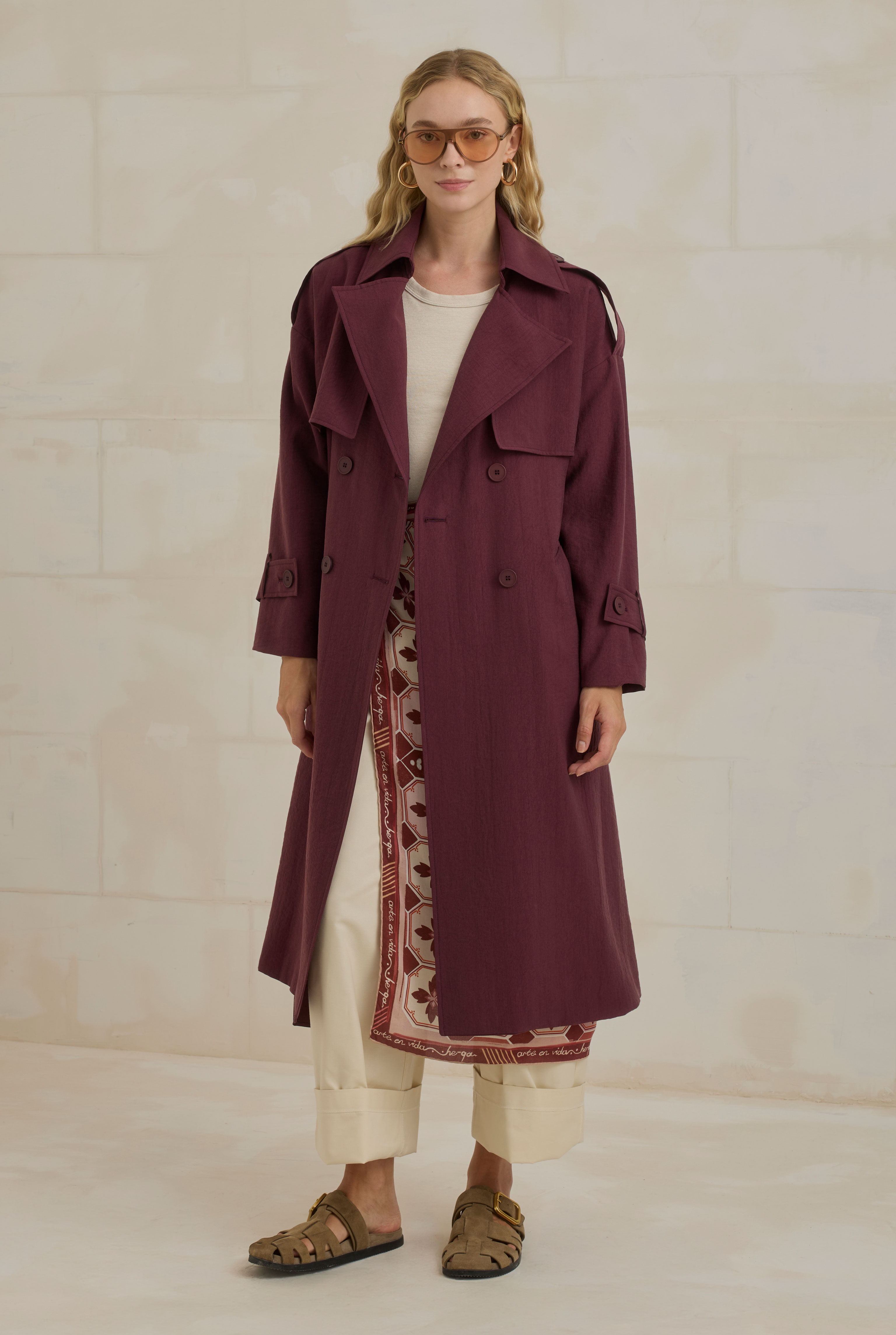 Tencel Long Trench Coat With Storm Patch Damson - HE-QA