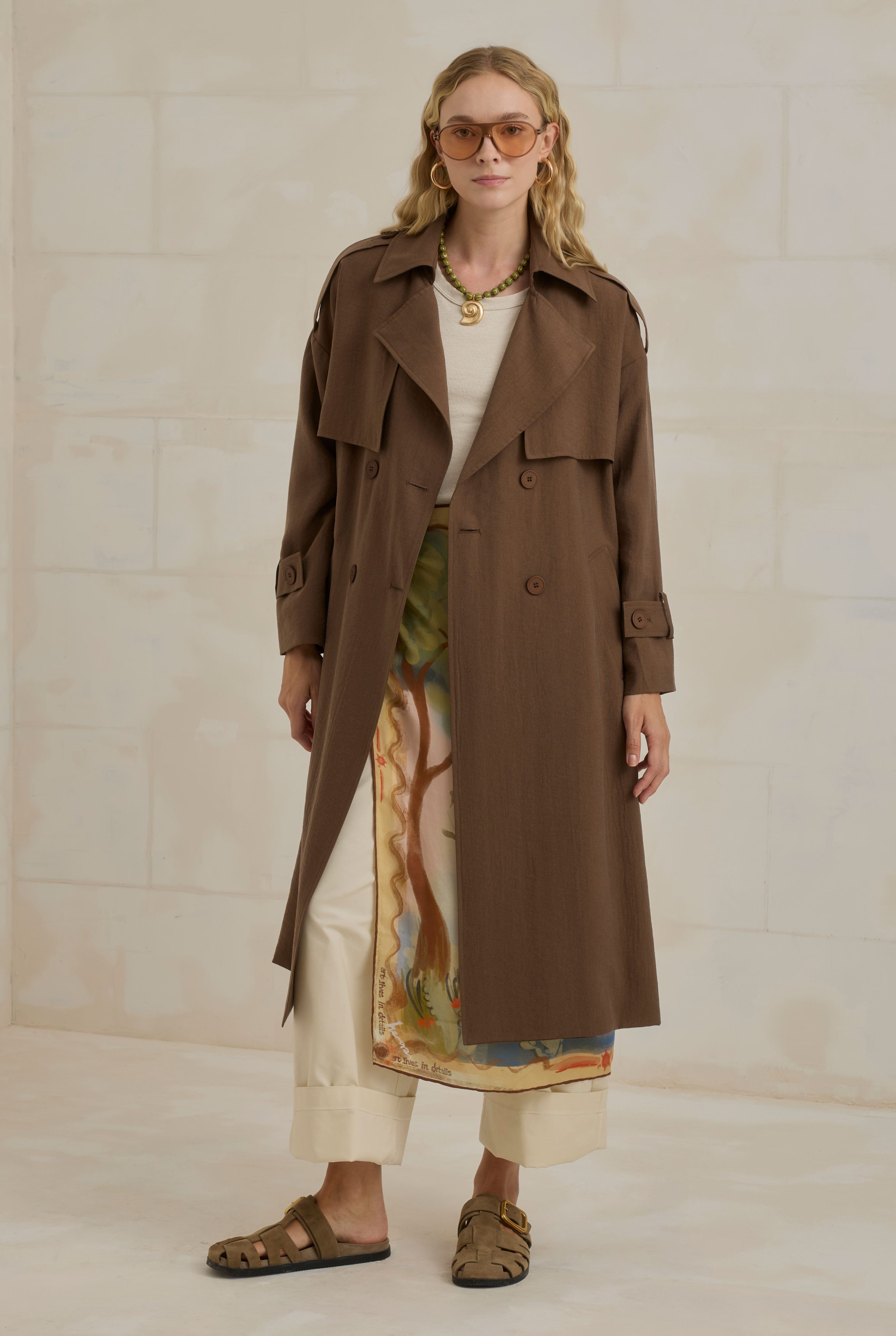 Tencel Long Trench Coat With Storm Patch Brown - 2