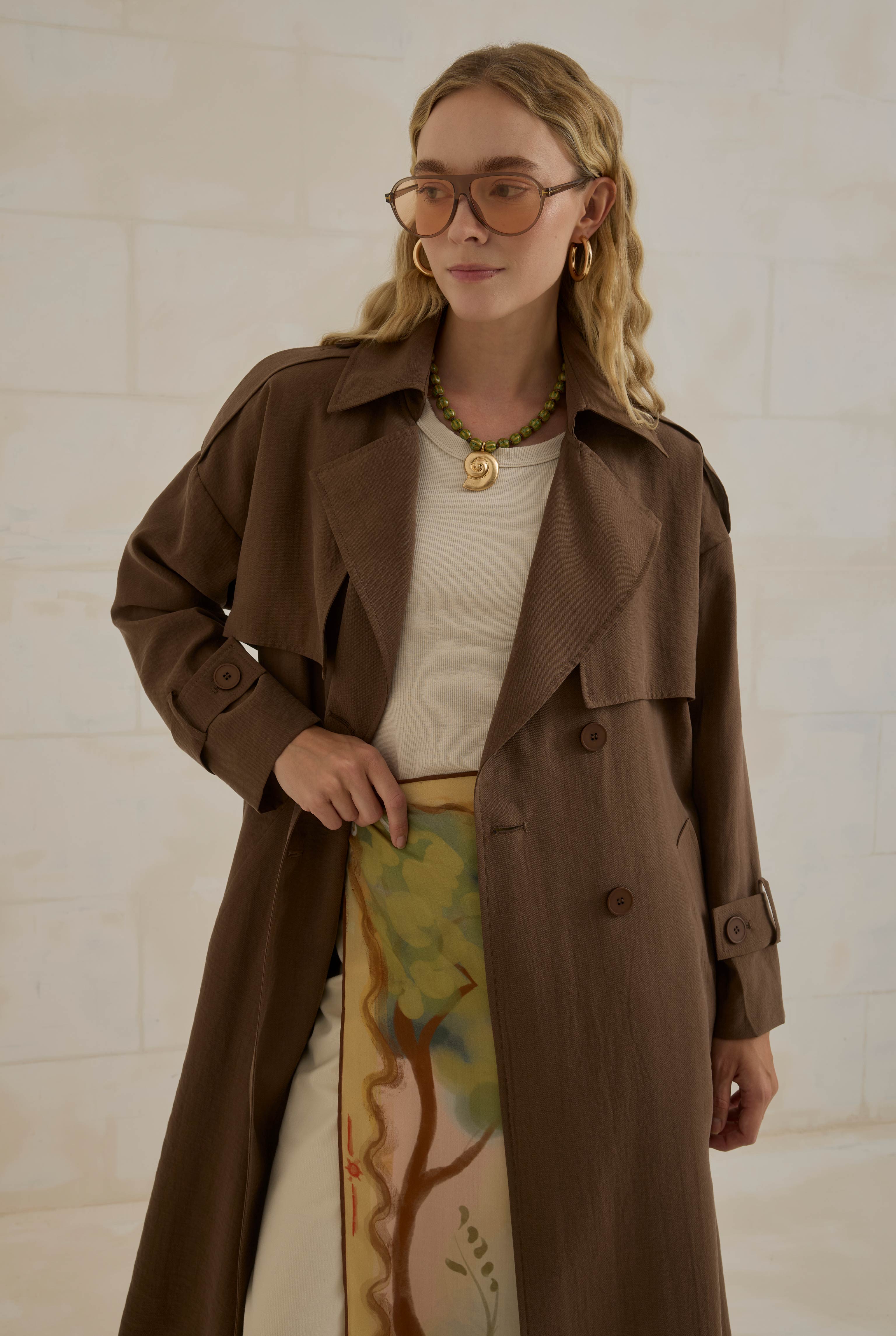 Tencel Long Trench Coat With Storm Patch Brown - 4