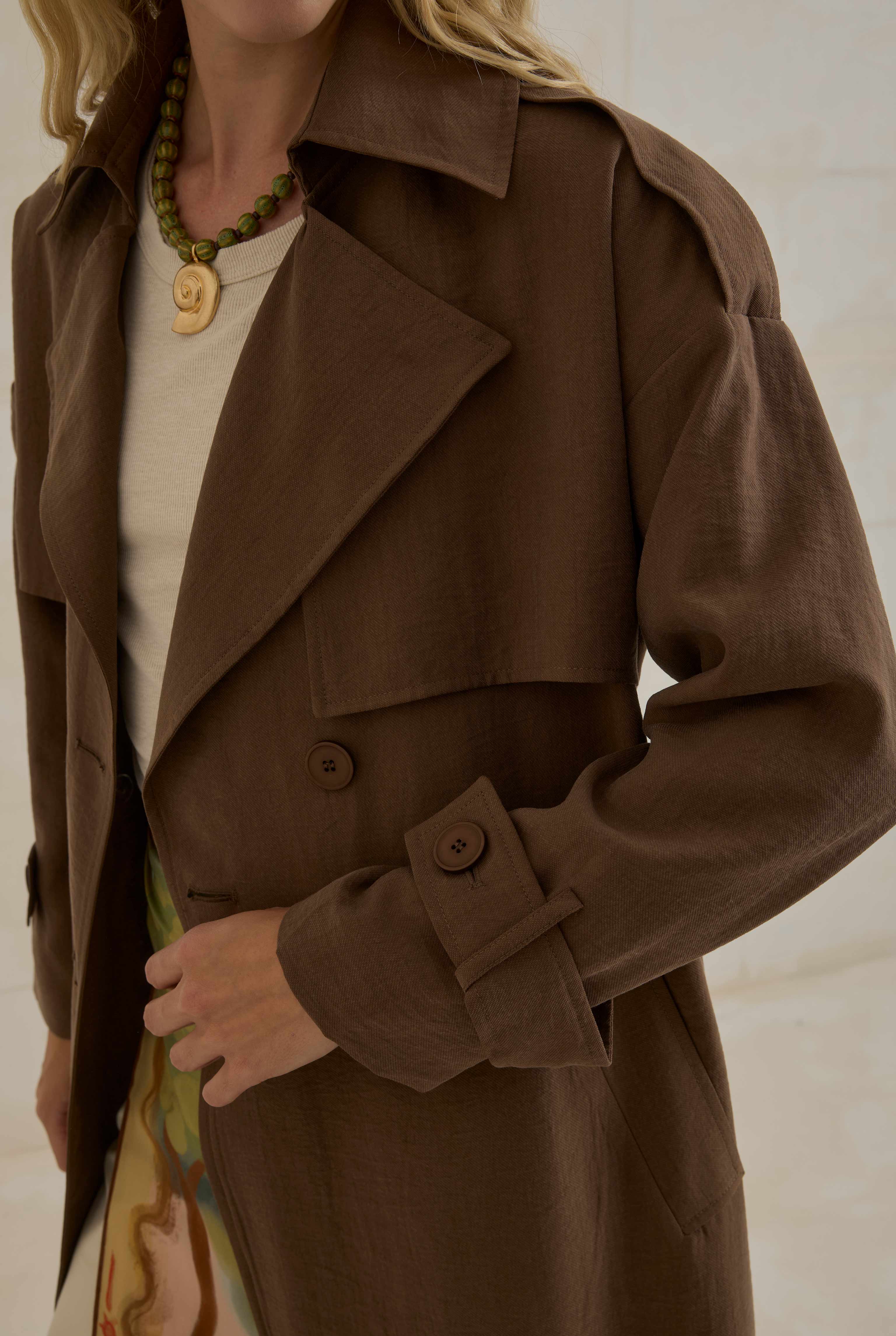 Tencel Long Trench Coat With Storm Patch Brown - 5