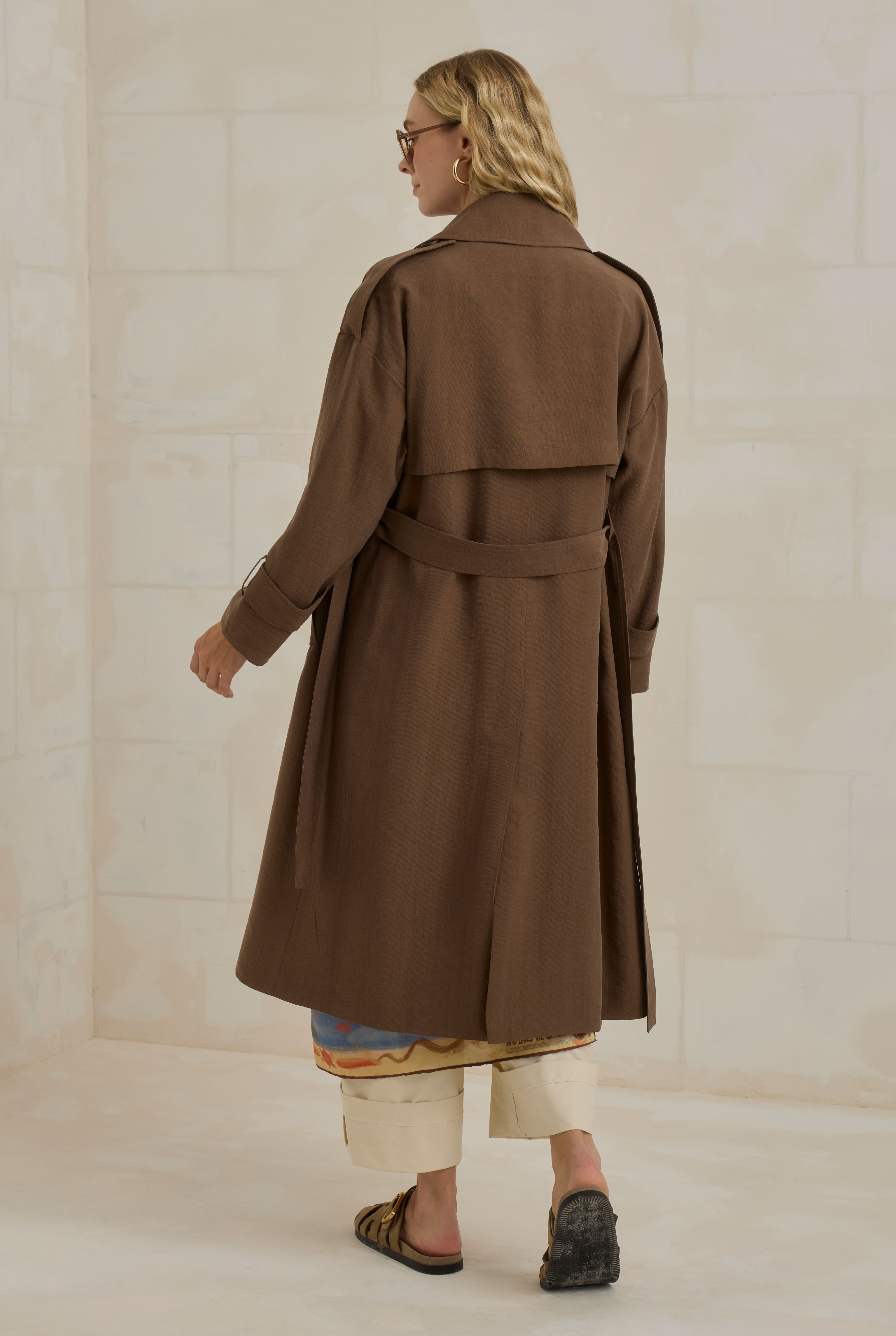 Tencel Long Trench Coat With Storm Patch Brown - 3
