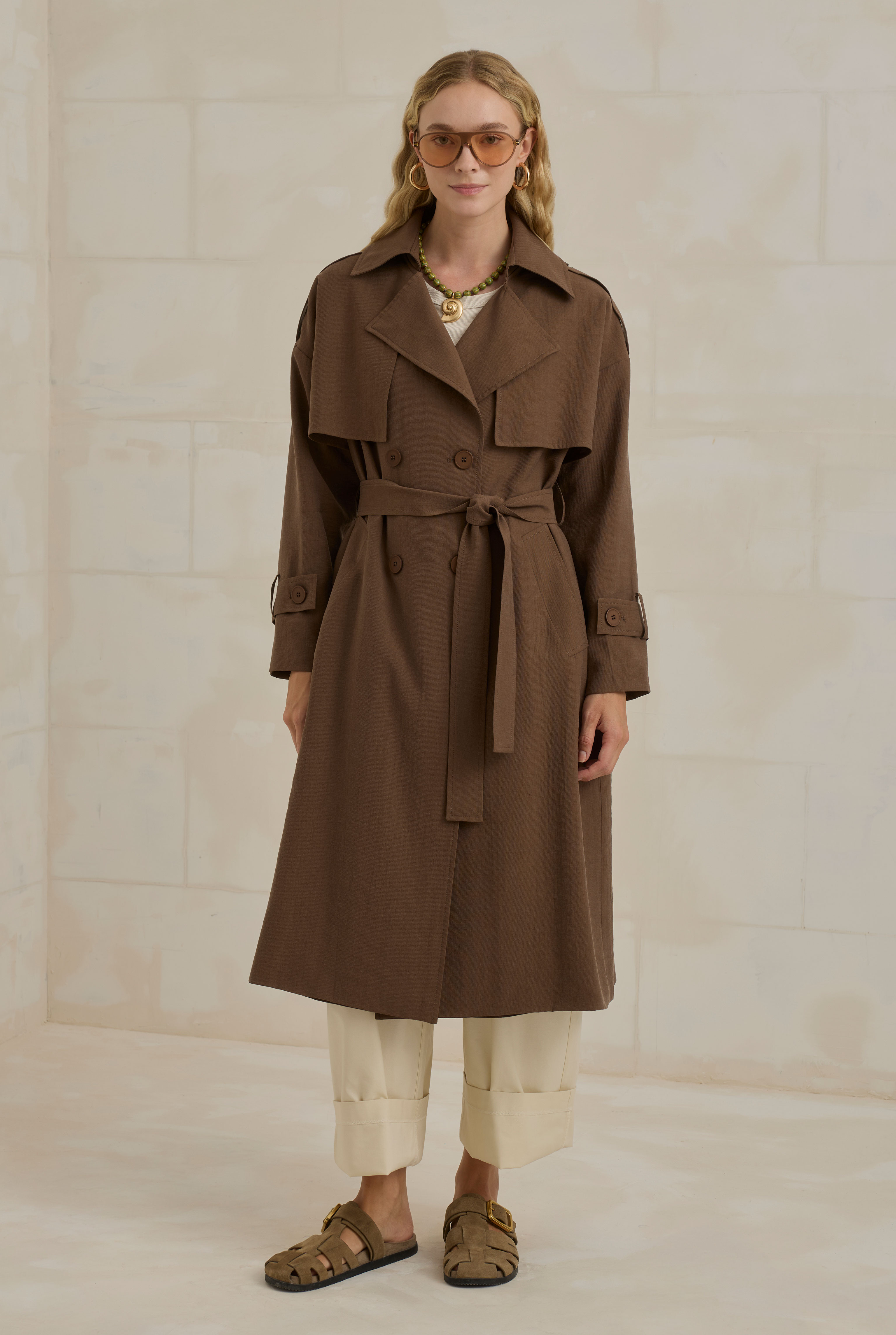 Tencel Long Trench Coat With Storm Patch Brown - 1