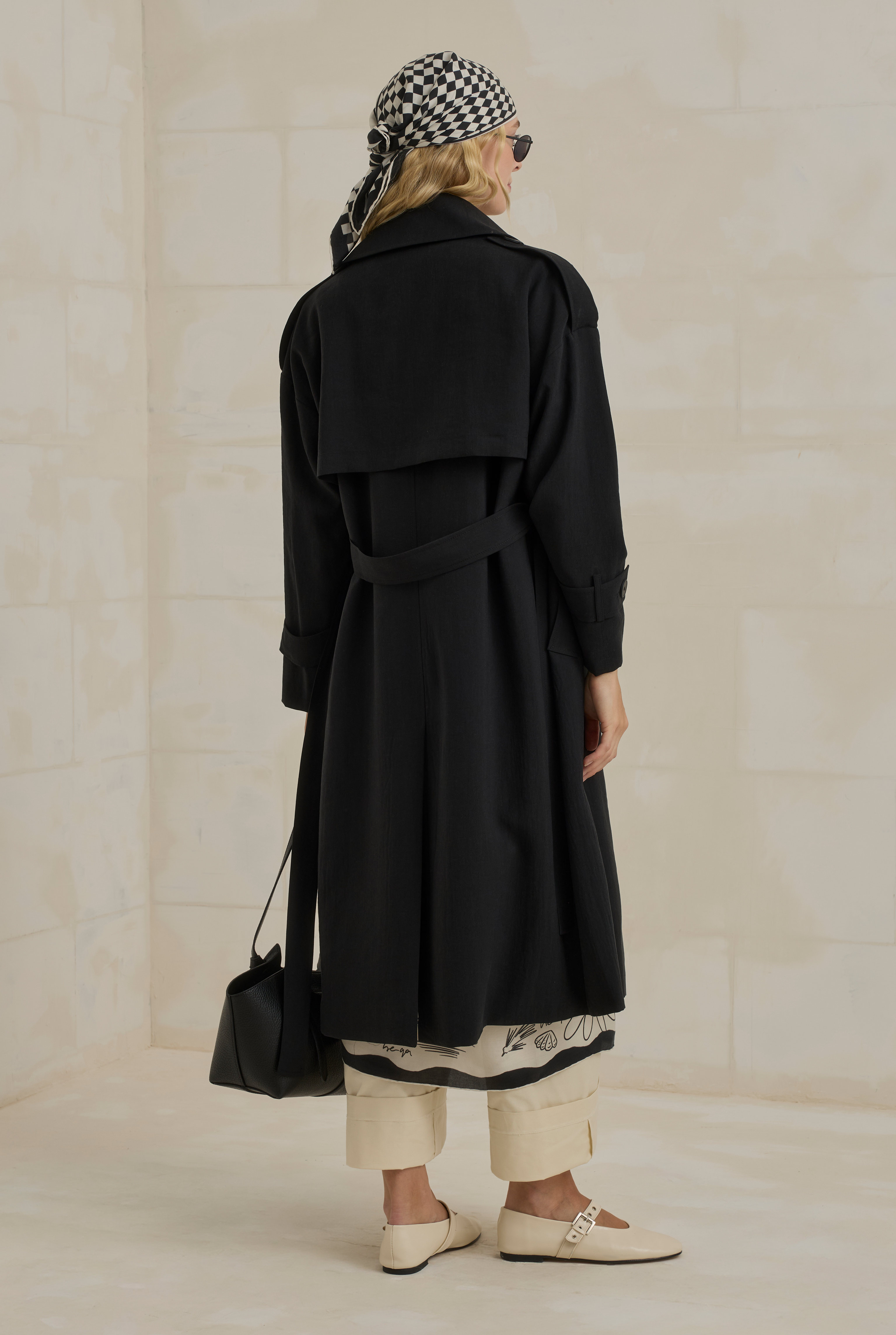 Tencel Long Trench Coat With Storm Patch Black - 4