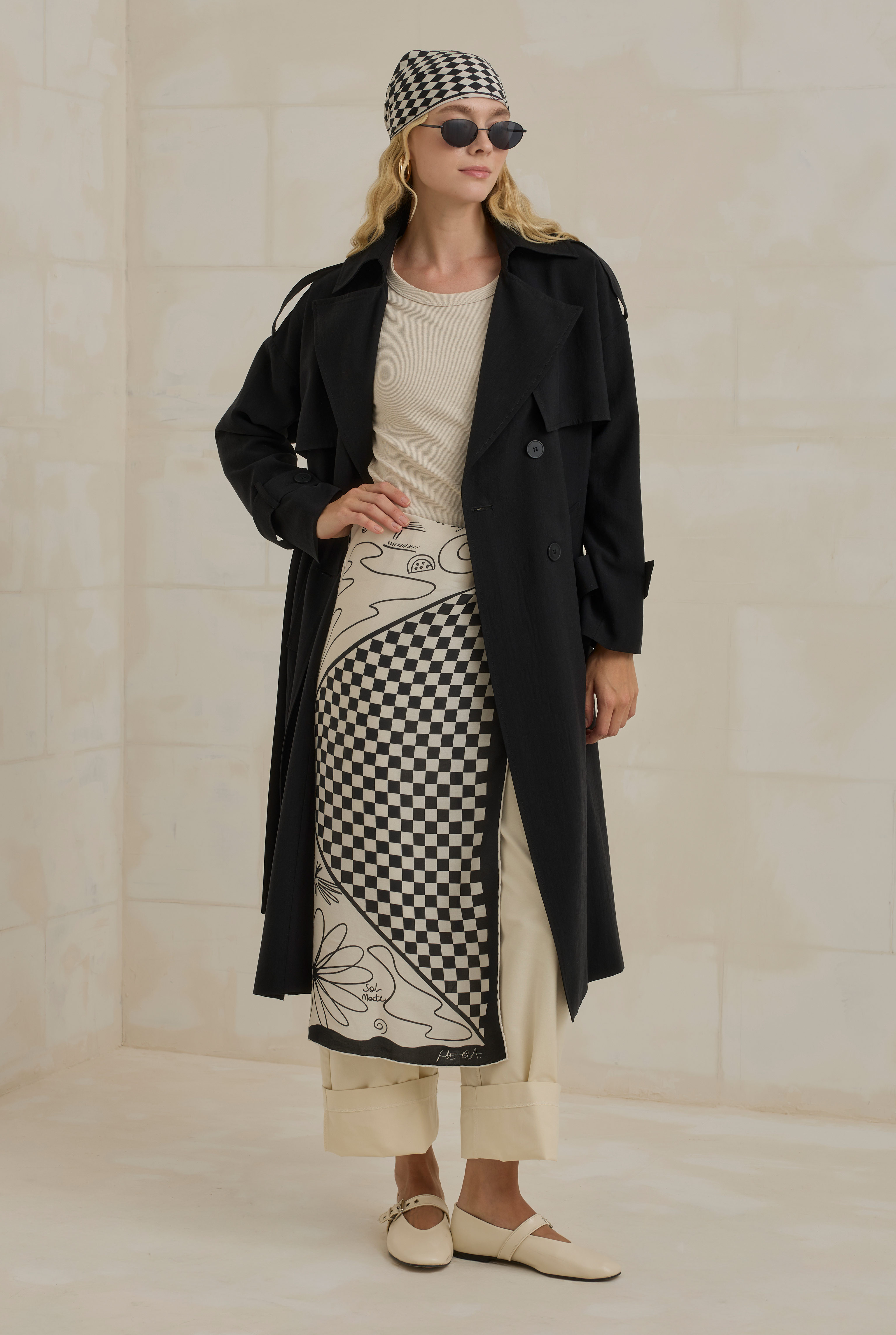 Tencel Long Trench Coat With Storm Patch Black - 2
