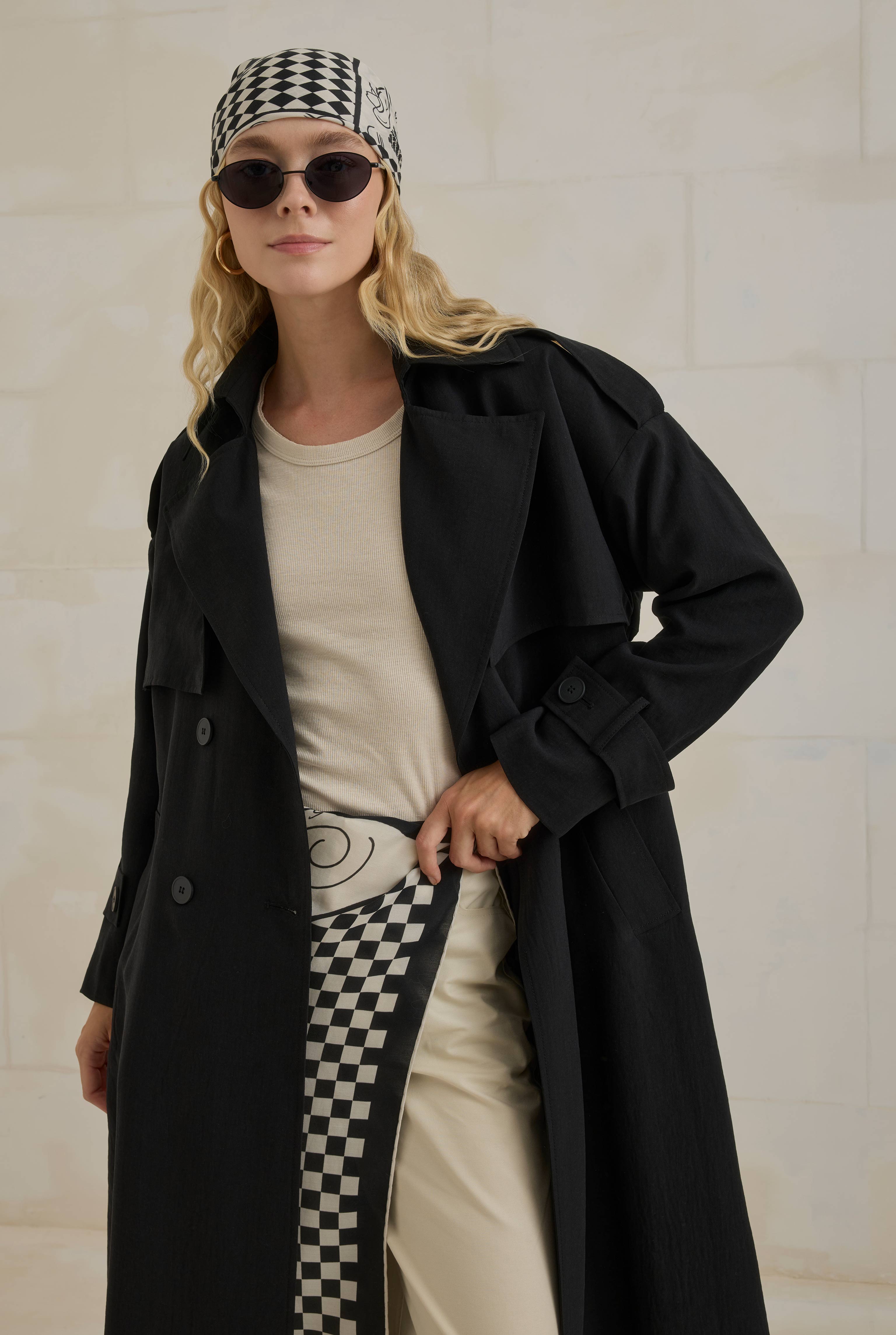 Tencel Long Trench Coat With Storm Patch Black - 1