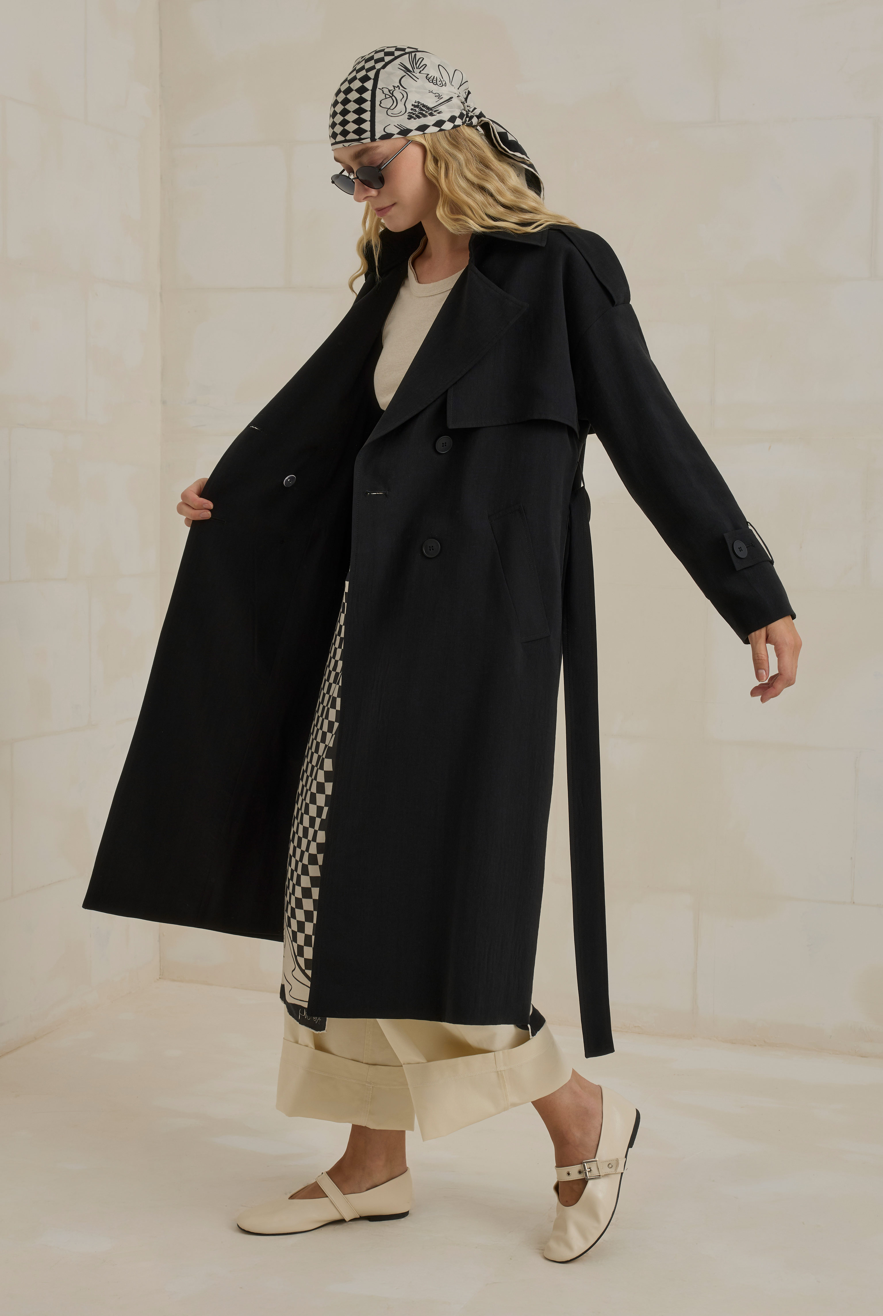 Tencel Long Trench Coat With Storm Patch Black - 3