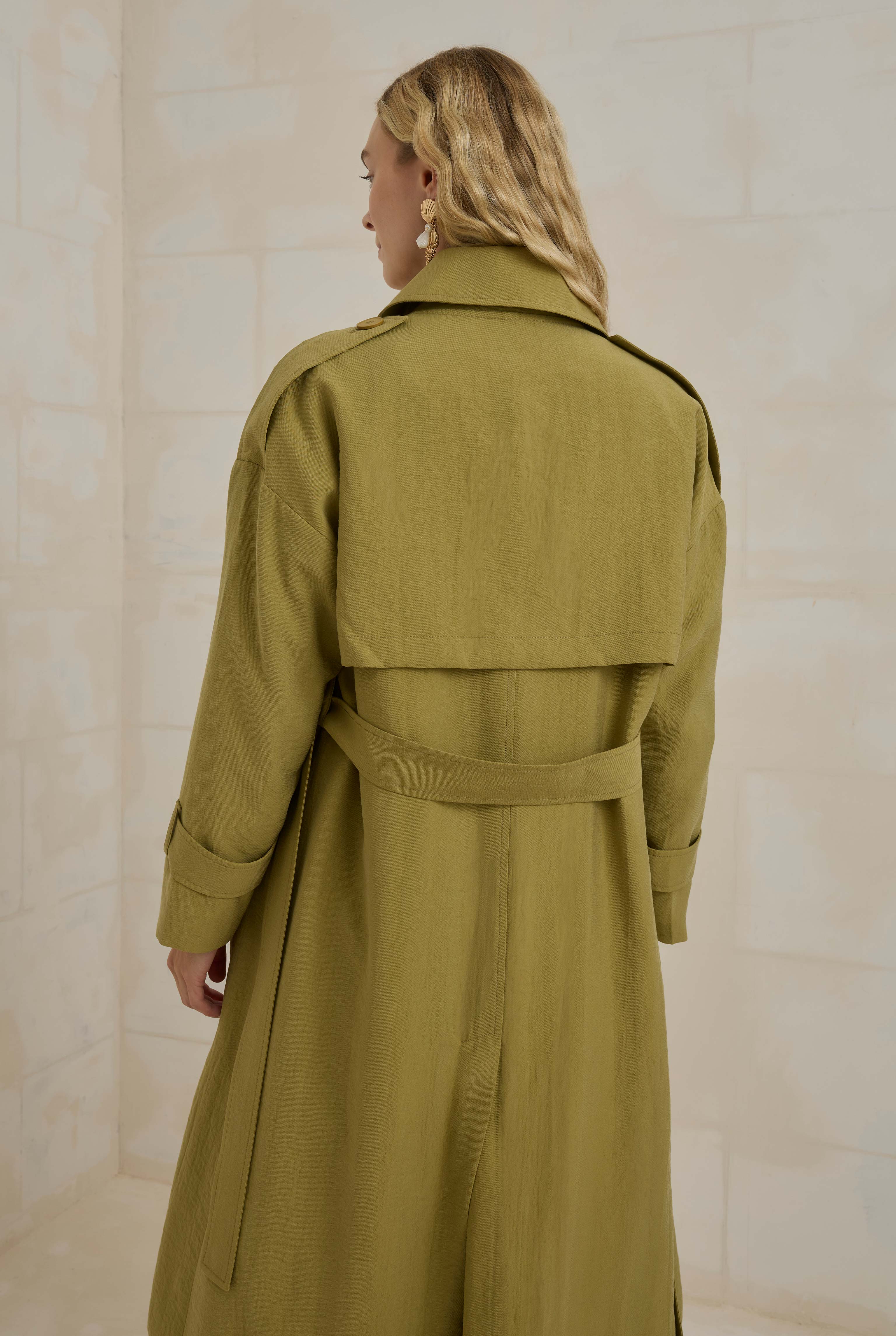 Tencel Long Trench Coat With Storm Patch Oil Green - 3