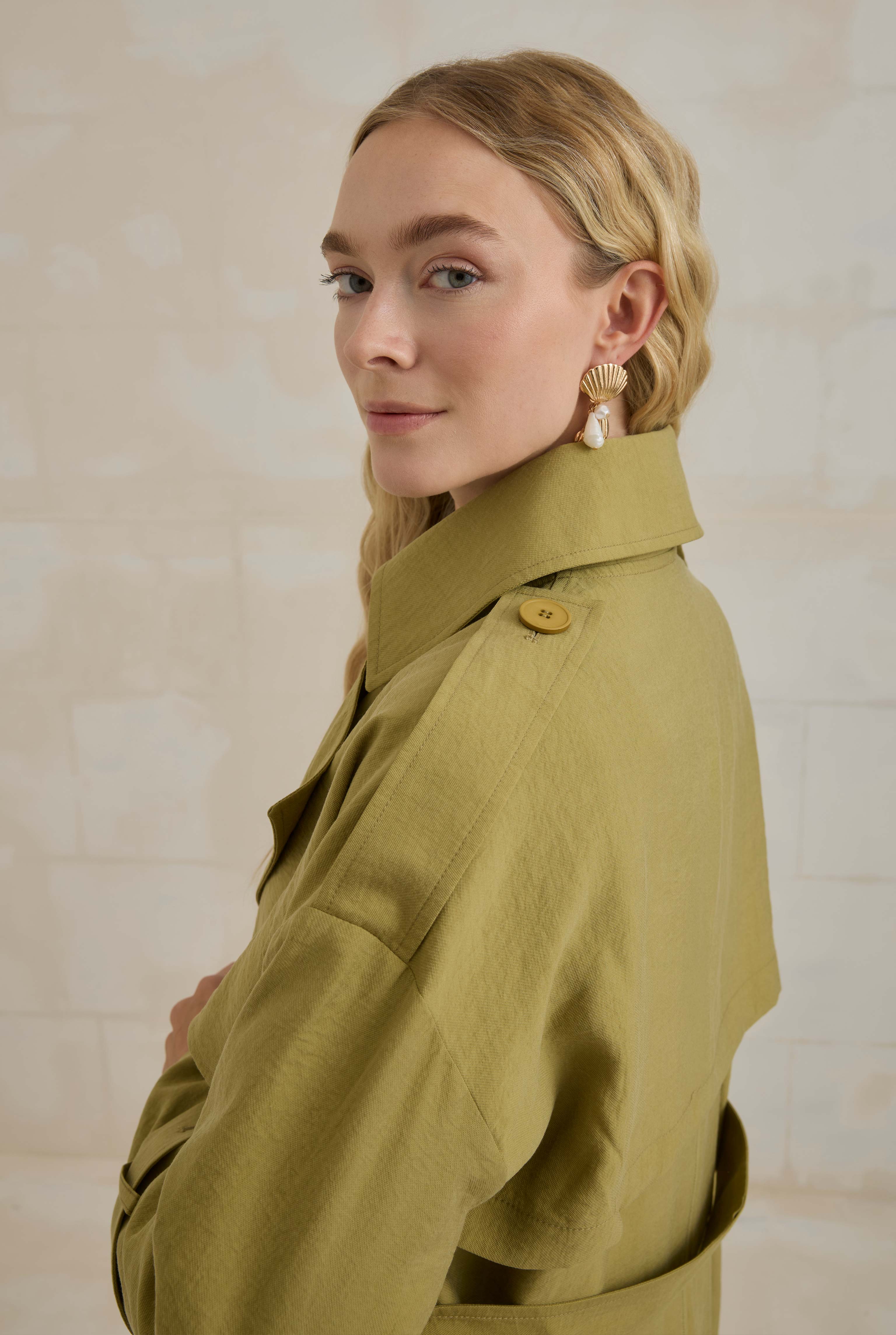 Tencel Long Trench Coat With Storm Patch Oil Green - 4