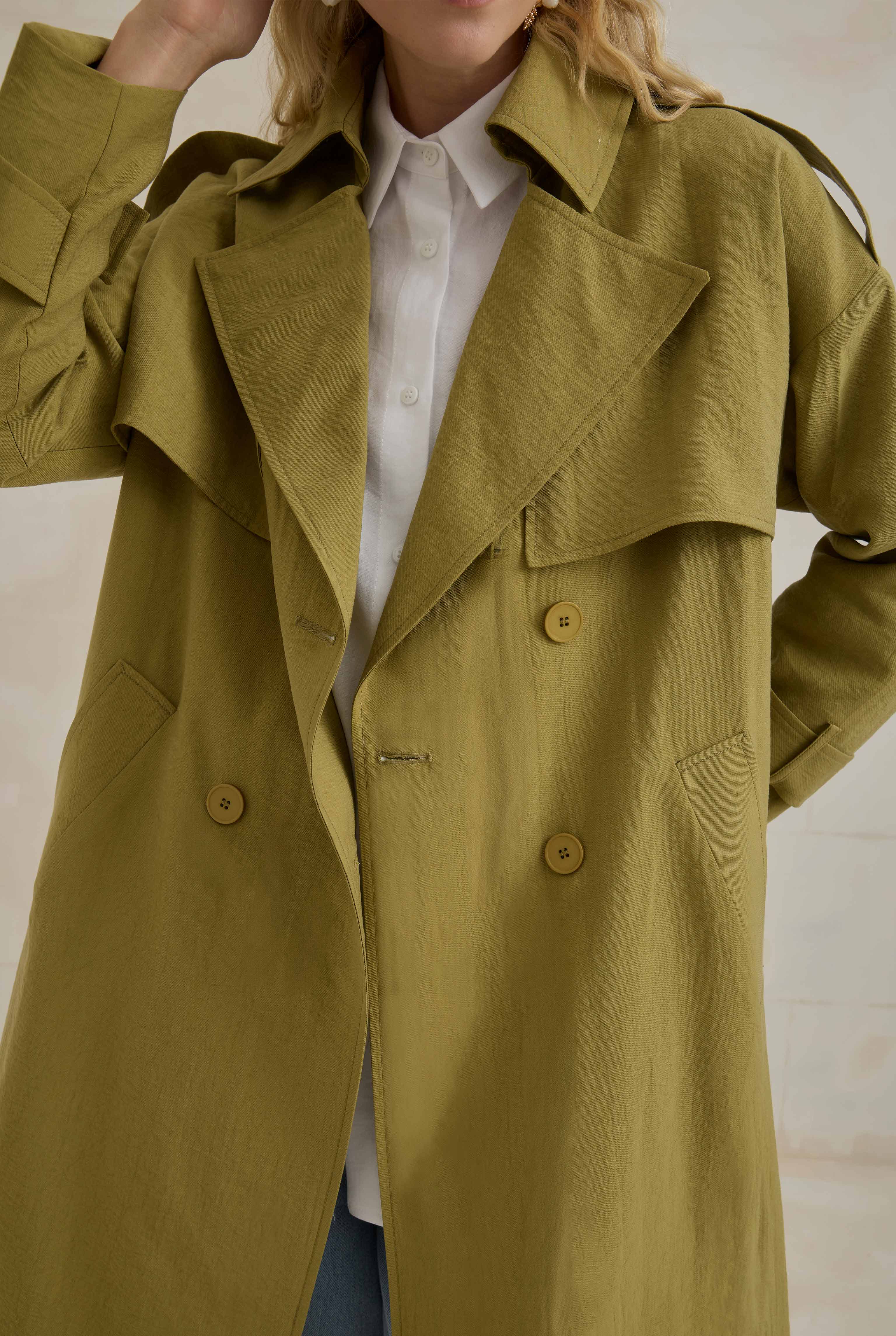 Tencel Long Trench Coat With Storm Patch Oil Green - 5