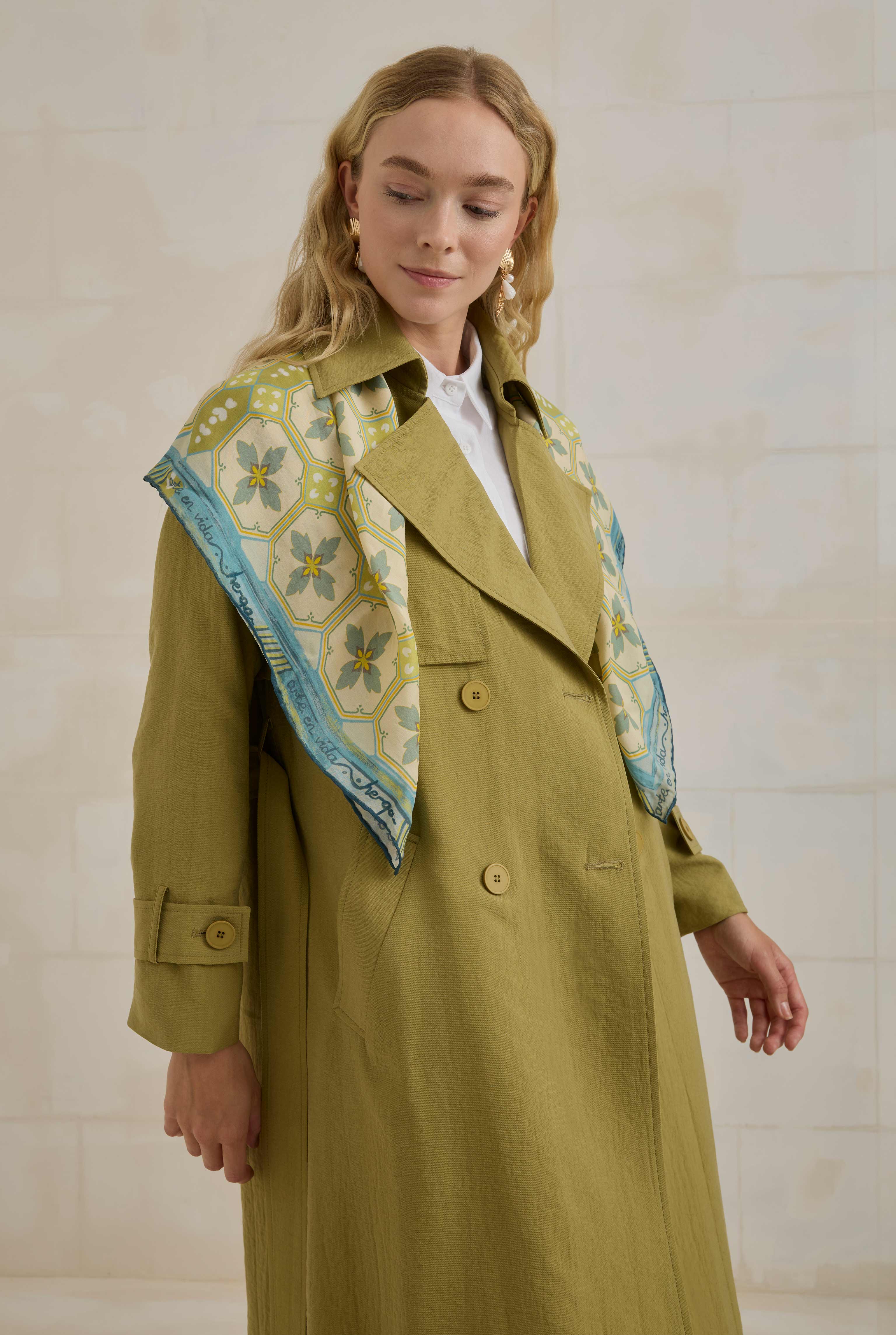Tencel Long Trench Coat With Storm Patch Oil Green - 1