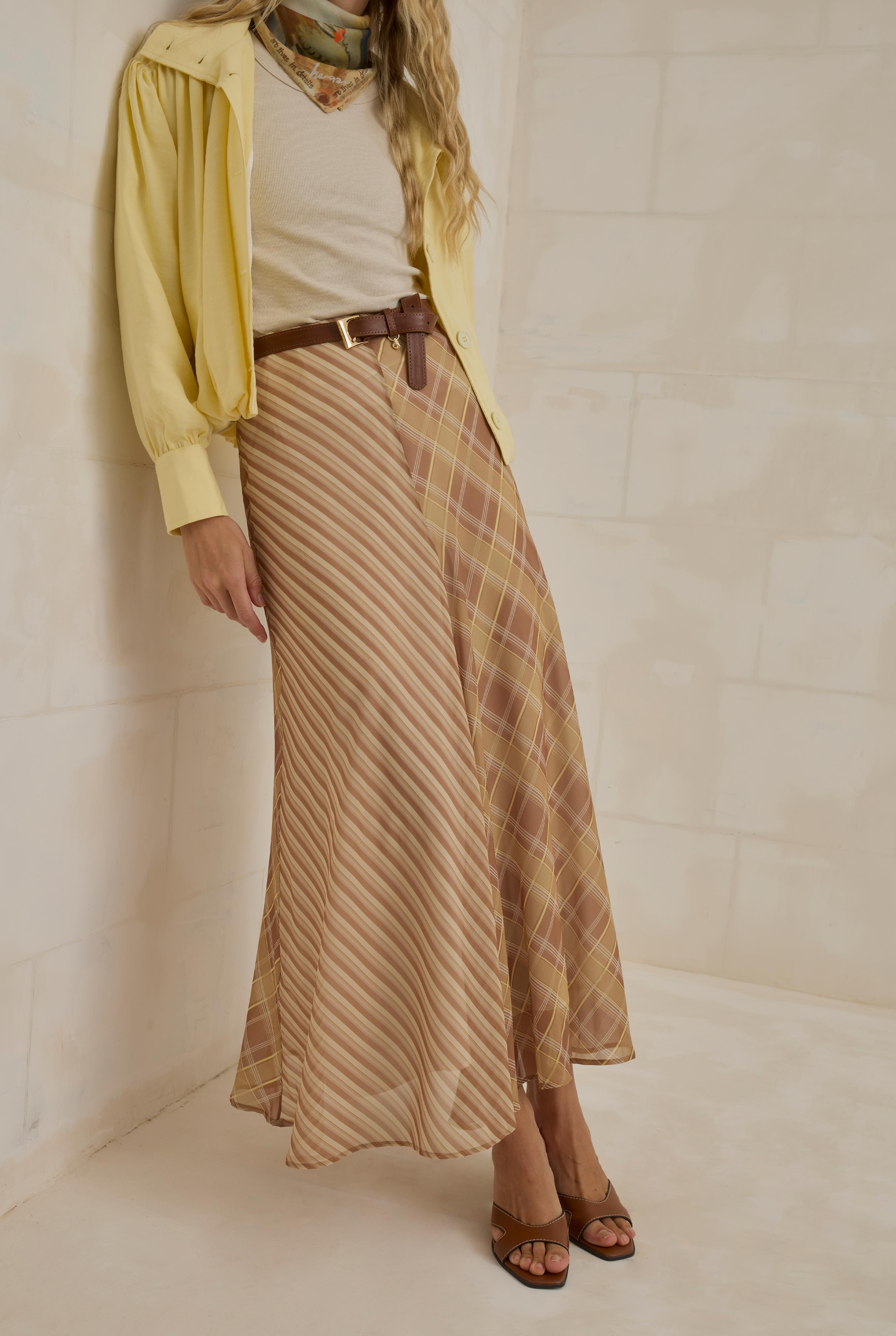 Chiffon Flare Skirt Yellow Brown - 6