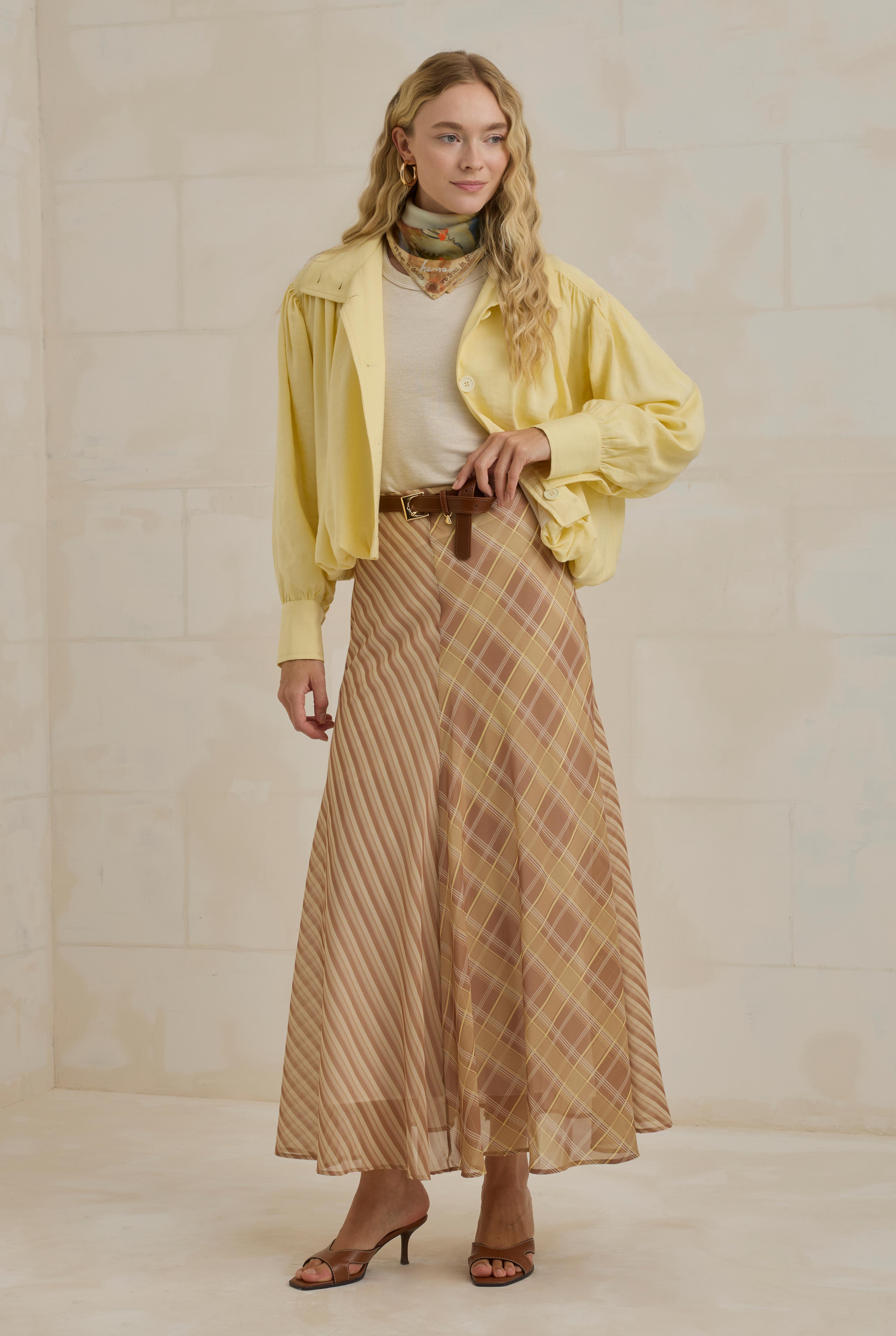 Chiffon Flare Skirt Yellow Brown - 9