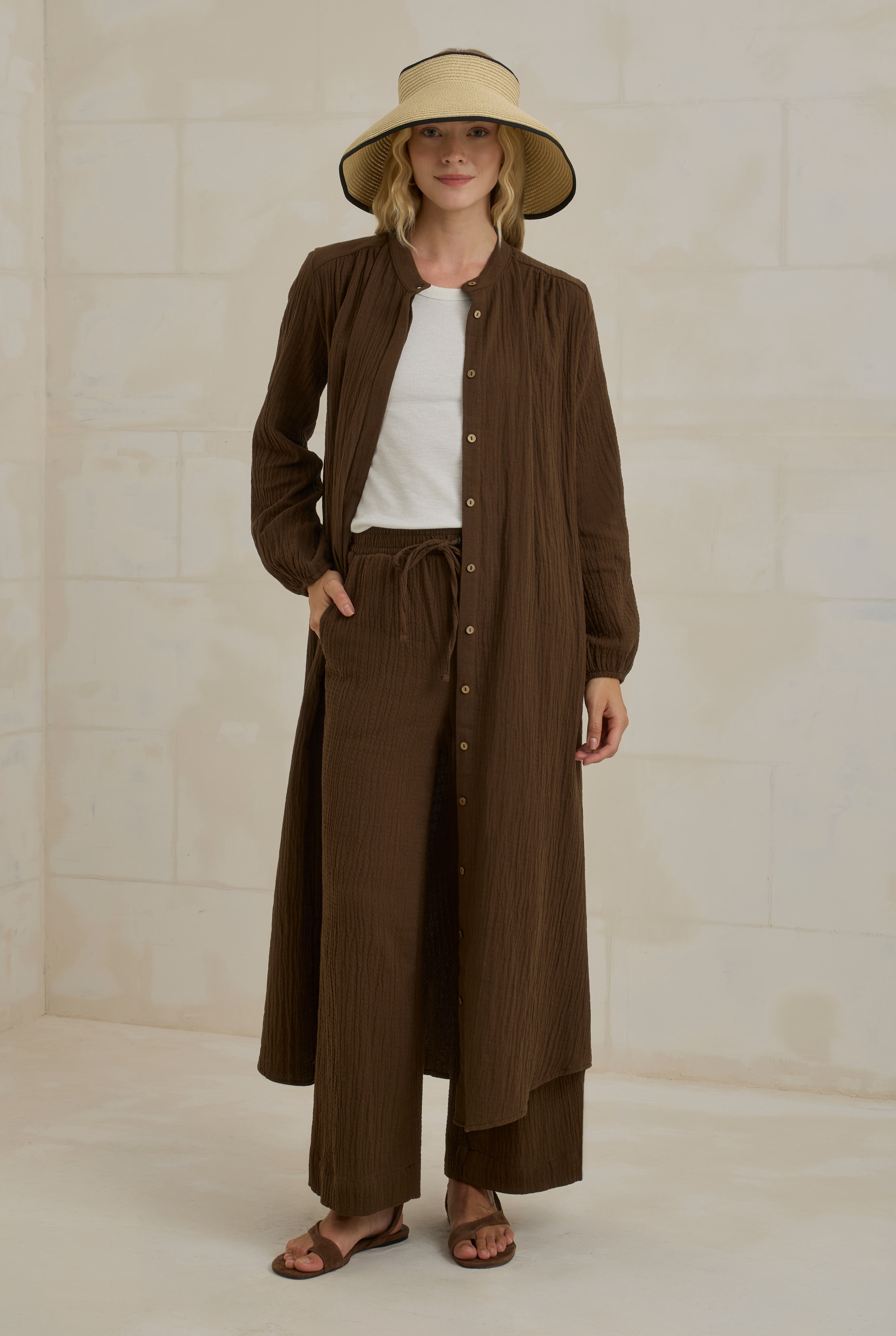 Müslin Bol Paça Pantolon Acı Kahve - 2