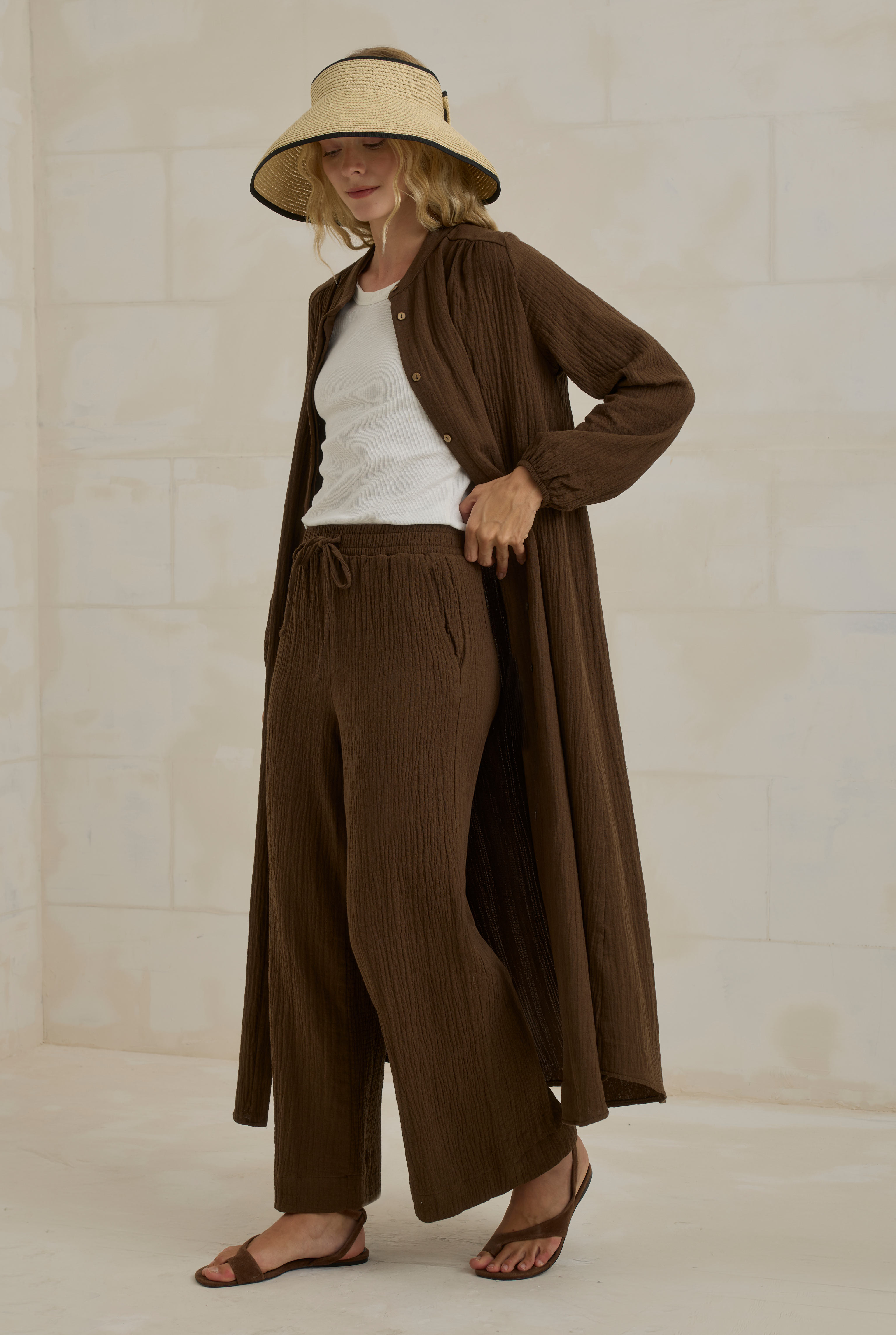 Müslin Bol Paça Pantolon Acı Kahve - 3