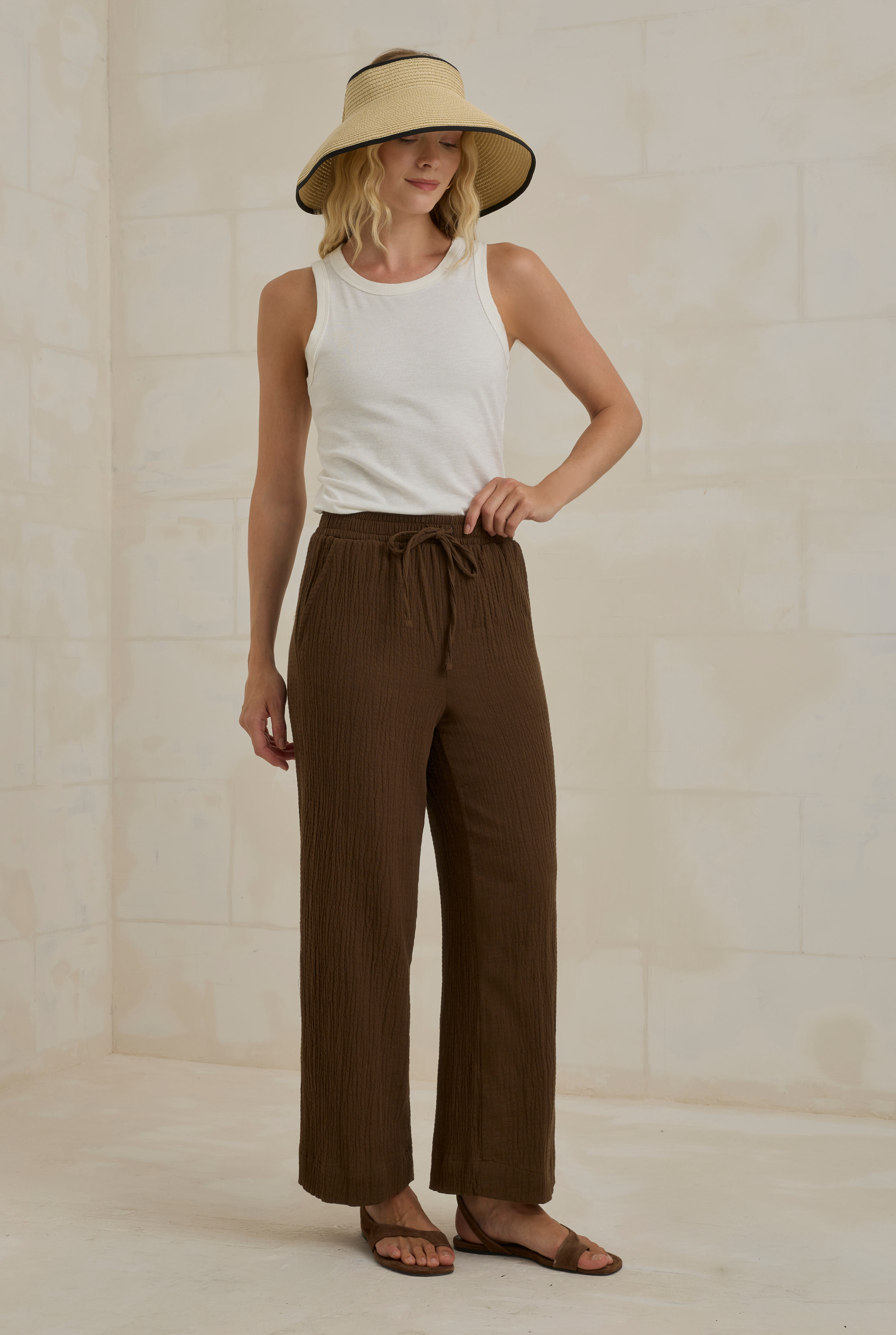 Muslin Wide Leg Trousers Dark Brown - HE-QA