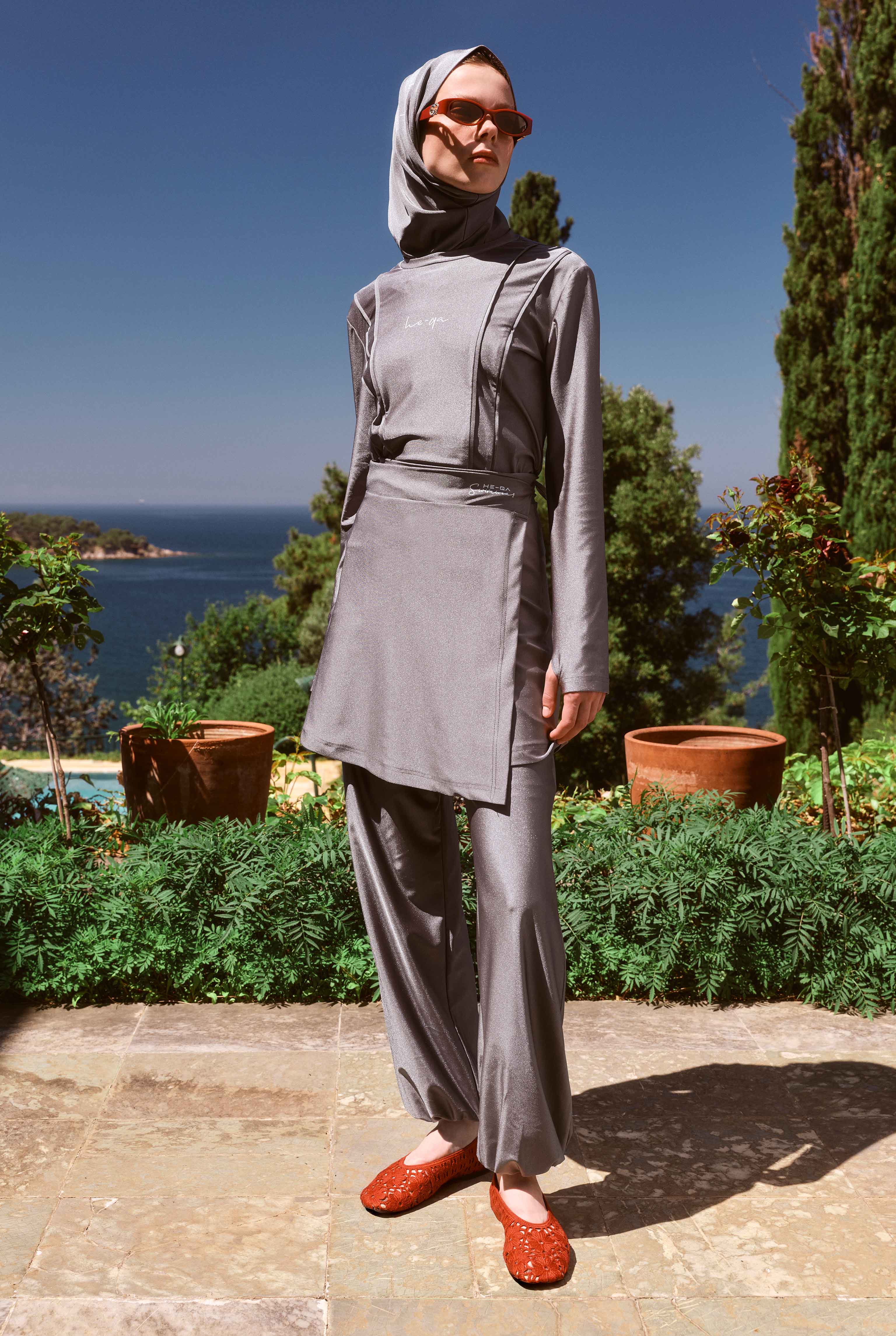 Pintuck Detailed Modest Swimwear Gray - 1