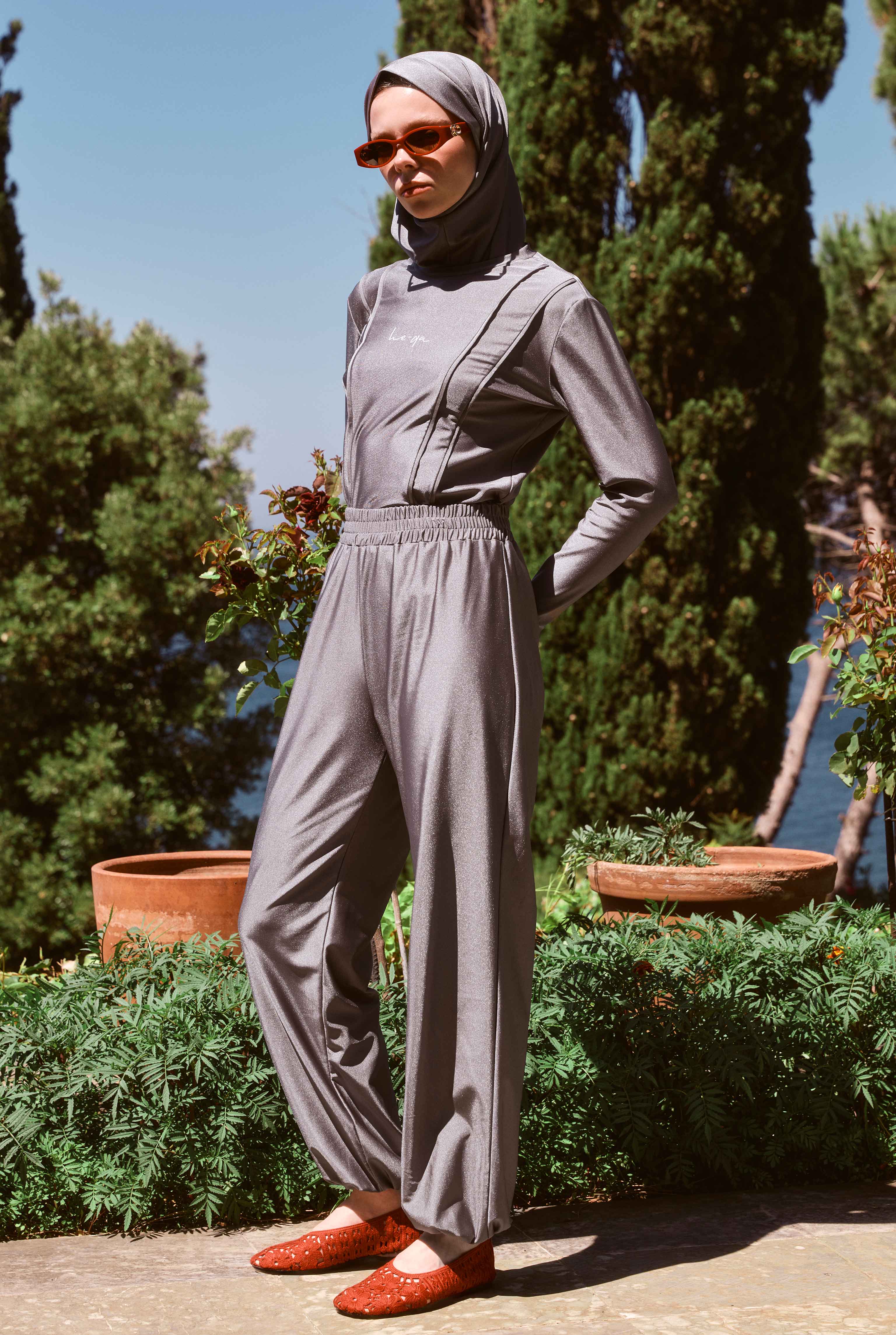 Pintuck Detailed Modest Swimwear Gray - 3