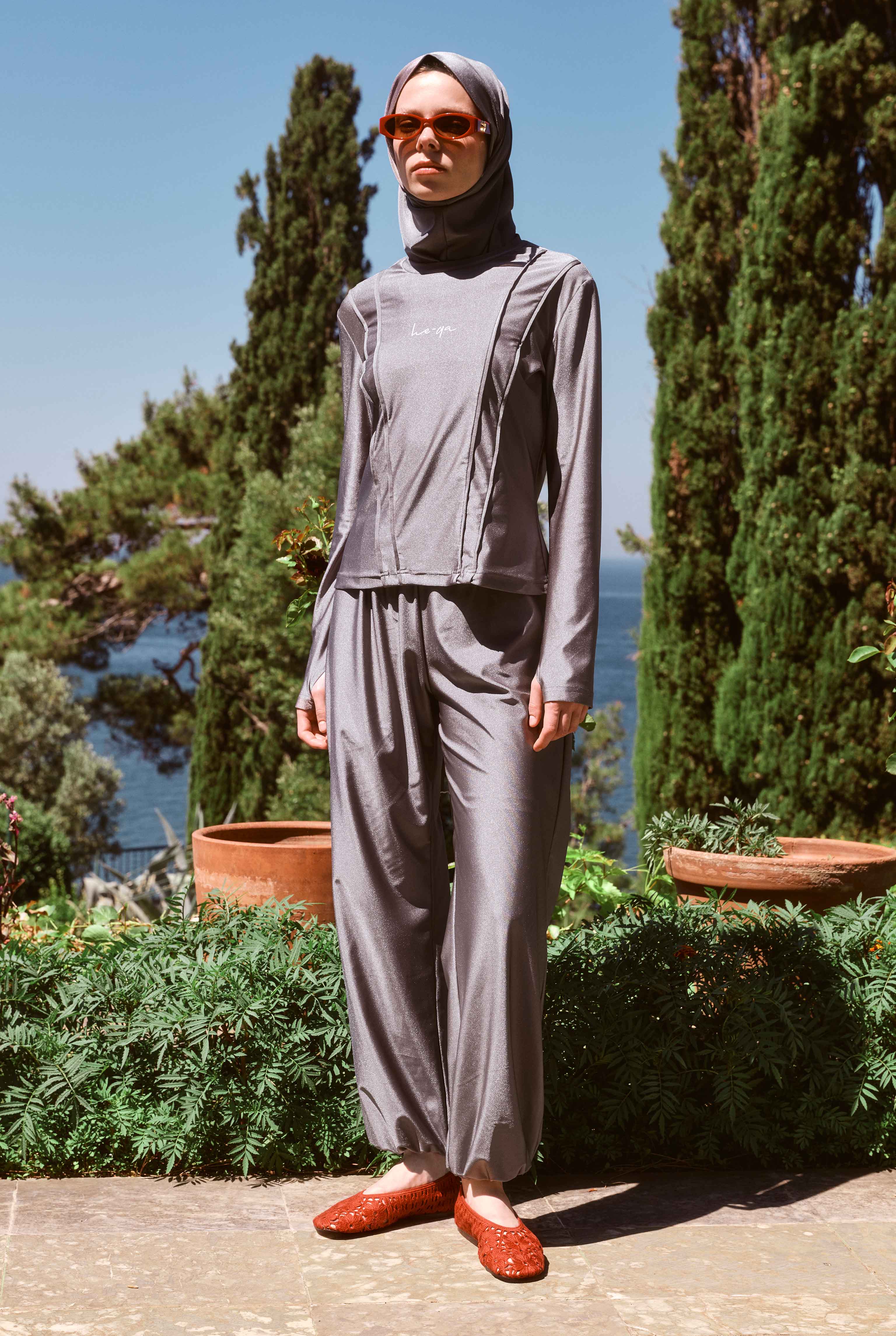 Pintuck Detailed Modest Swimwear Gray - 2