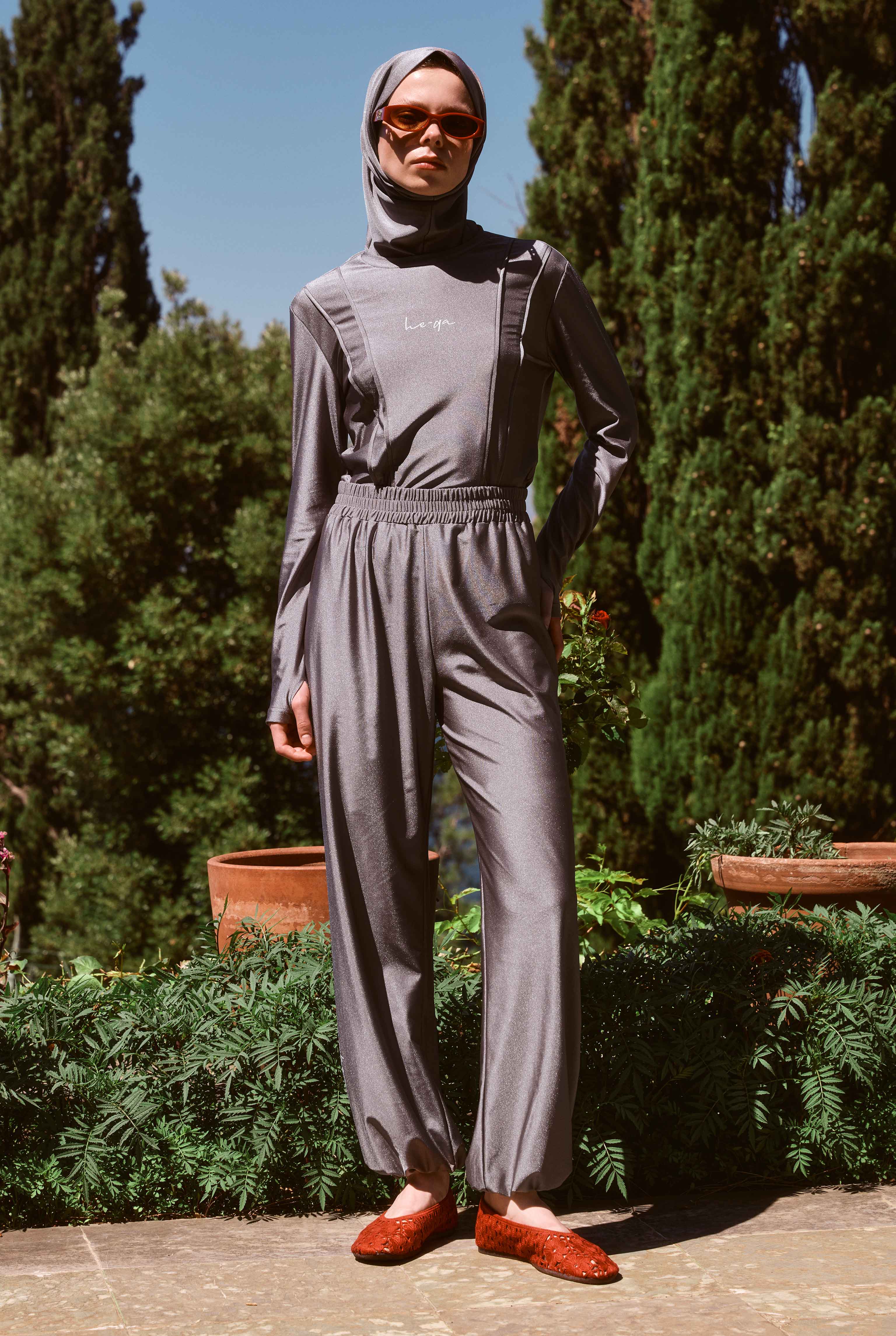 Pintuck Detailed Modest Swimwear Gray - 4